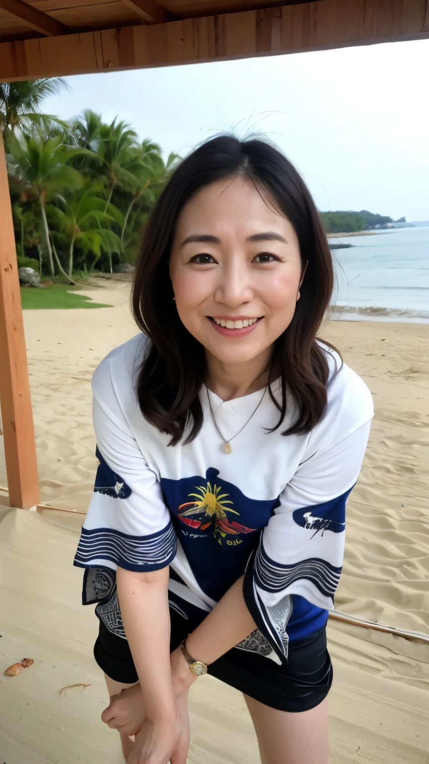 ((highest quality、8k、masterpiece:1.3))、sharp focus, High level image quality, High resolution, portrait, alone, Japanese, middle-aged women, beautiful woman, 50 years old, wavy hair, big t-shirt, beach, dark makeup, wrinkles around the eyes, bewitching look, Wet, barefoot、belly button、mouth is open、laughter、sandy beach、small breasts、Have fun、bob hair、necklace、wedding ring、leaning forward、close the chest、Datchno&#39;s pose