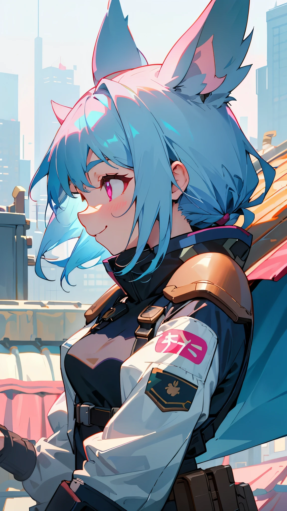  girl、wrap yourself in a battle jacket、casual style、small breasts、light blue hair、dog ears、pink eyes、profile、lots of acorns、smile、upper body close-up、Rooftop of urban building area