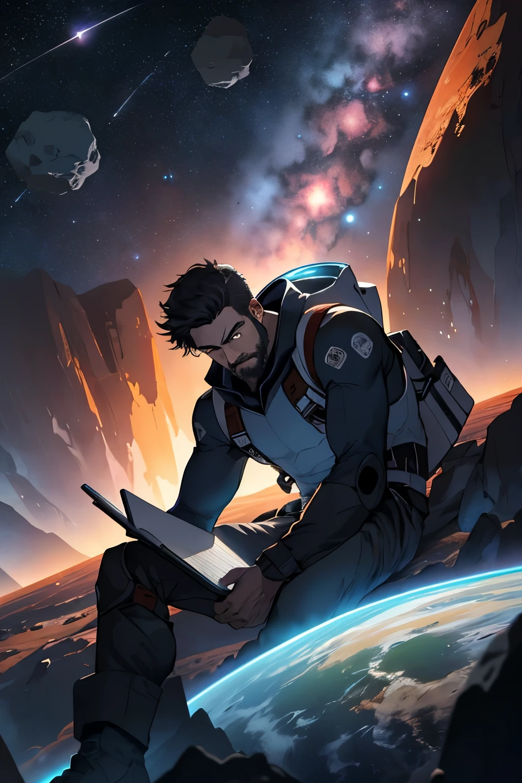 Draw a young programmer, sitting on a research platform floating in the middle of an asteroid belt. He is studying with a notebook, surrounded by several asteroids glowing with fiery auras. Dramatic lighting from distant stars and planets illuminates the scene, casting deep shadows on the suit. The young man looks confident and determined, looking at the vast and mysterious universe with wonder and respect,facial hair, cowboy shot,