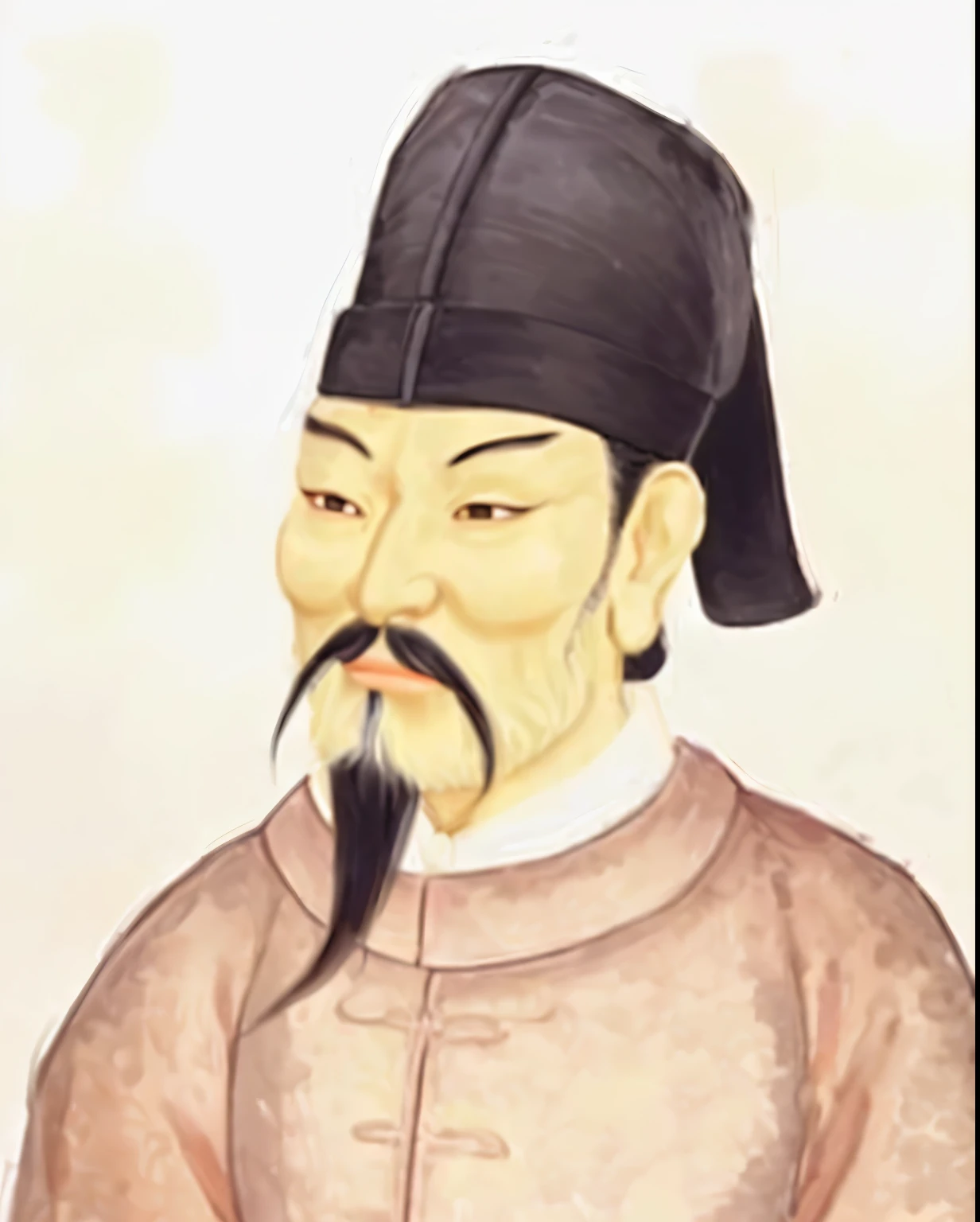 Chinese，With a black hat，Tang Dynasty，male，have a beard，Phoenix Eyes，Little mouth，big ear，black hair，Coffee-colored coat，Cheekbones are a bit convex，Smile