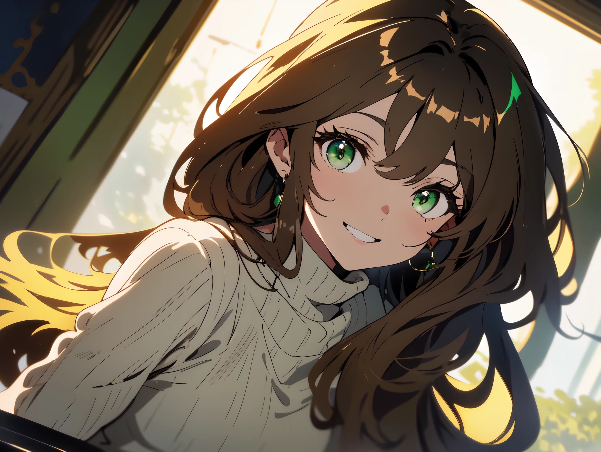 A stunning masterpiece of a beautifully detailed high-resolution portrait of a girl with long hair, Shiny brown hair and captivating green eyes, Wear a comfortable sweater、she、She has a gorgeous smile that highlights her small but perfectly shaped breasts。。anime art.