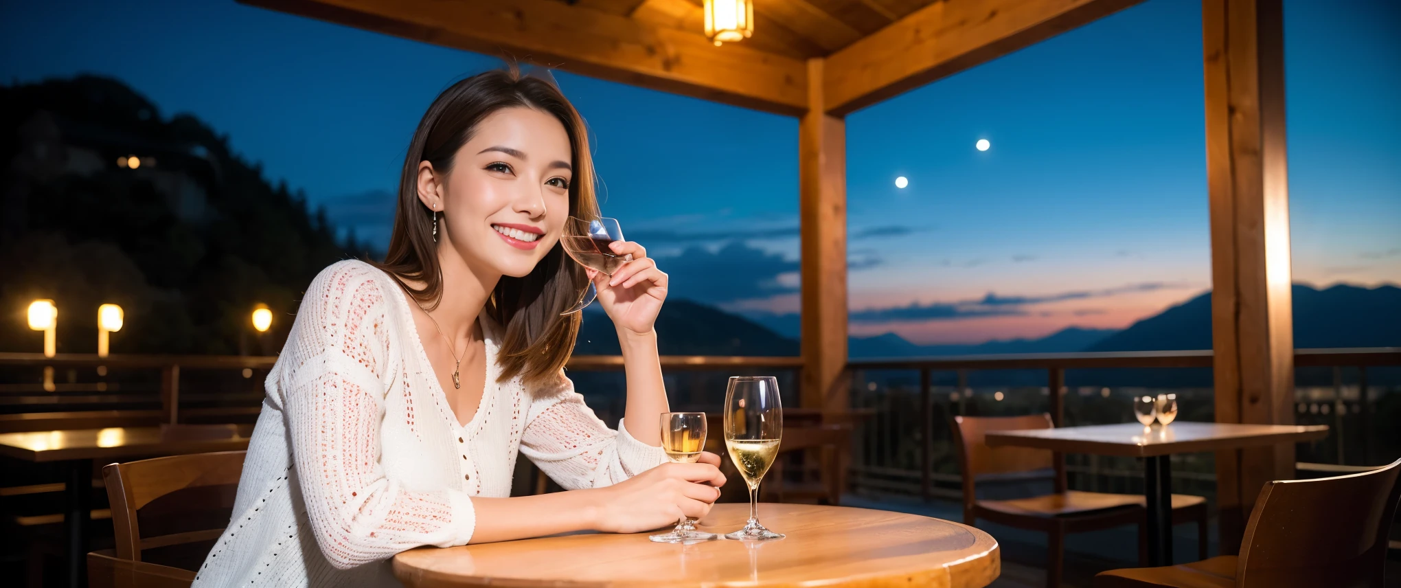 (including 64k, nffsw, highest quality, table top: 1.2), (realistic, photorealistic: 1.37), Spectacular view of the sunset sky and clouds、Amazing mountain views、long sleeve shirt、winter fashion、Columbia、Brazilian、Japanese、Dutch、German、Portuguese、Belgian、Italian、French,Champagne、sparkling wine、 (slimフェイス), (slimボティ), (brown hair), (shortcut), neat beauty、cheeks turn a little red, (42 years old), 40 years old, alone, 窓の外には美しく緻密なnight景が広がります., restaurant, wine glassが座っている, nightに, in a prominent place (from the Upper body) nova frog style, actress, model, Upper body, White wine, slim, wine glass, Super Clean night View, wine glass Put in the Middle, Happy smile, (smile: 1.15), beautiful and detailed eyes, Upper body, bust japan up, night, short, short, actress, model, Upper body, White wine, slim, wine glass, Super Clean night View, wine glass Put in the Middle, Happy smile,