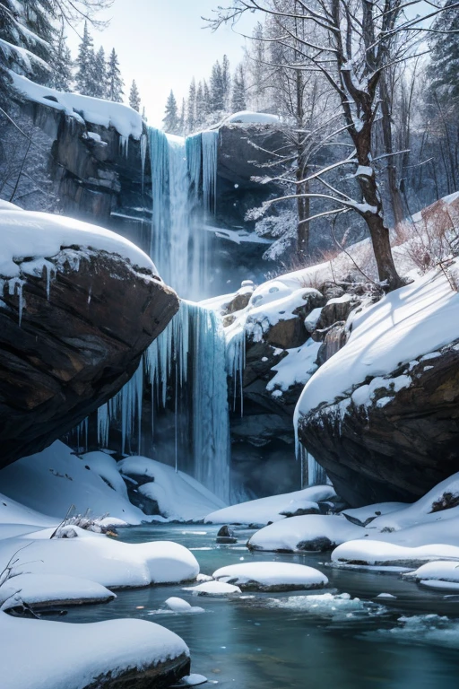 Frozen waterfall in a snowy landscape,frozen river,sunny,from below,(best quality,4k,8k,highres,masterpiece:1.2),ultra-detailed,(realistic,photorealistic,photo-realistic:1.37),HDR,UHD,studio lighting,ultra-fine painting,sharp focus,physically-based rendering,extreme detail description,professional,vivid colors,bokeh,landscape,concept artists,cold,icy,cascading,huge icicles,glistening,snow-covered rocks,pristine white snow,crystal clear water,sparkling,frosty mist,peaceful ambiance,tranquil,serene letting,temporary stillness,quiet retreat