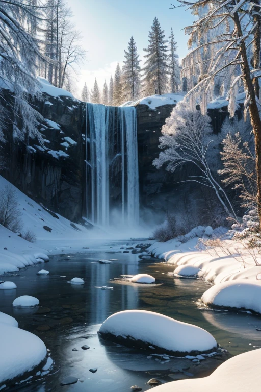 Frozen waterfall in a snowy landscape,frozen river,sunny,from below,(best quality,4k,8k,highres,masterpiece:1.2),ultra-detailed,(realistic,photorealistic,photo-realistic:1.37),HDR,UHD,studio lighting,ultra-fine painting,sharp focus,physically-based rendering,extreme detail description,professional,vivid colors,bokeh,landscape,concept artists,cold,icy,cascading,huge icicles,glistening,snow-covered rocks,pristine white snow,crystal clear water,sparkling,frosty mist,peaceful ambiance,tranquil,serene letting,temporary stillness,quiet retreat
