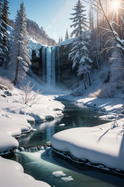 Frozen waterfall in a snowy landscape, sunny, from below