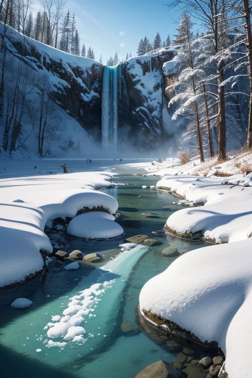 Frozen waterfall in a snowy landscape, sunny, from below