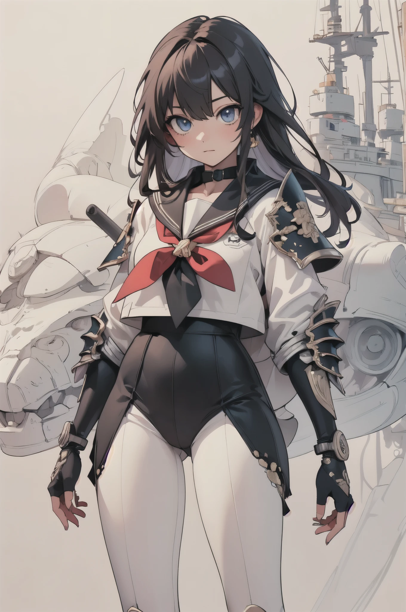 ((Highly accurate drawing in every detail)Extremely precise depiction)[High resolution],(detailed illustrations,とてもfineで緻密な描画,Delicate drawn lines with tempo,Realistic texture expression),[color traced main line][midnight wilderness],(Cyborg Girl Japanese Beauty ([muscular]SKINNY)) straight long hair,(Jet black SAMURAI armor(sailor collar[red scarf][[sailor suit]]))[[hair band[ribbon]]][Fitting rubber inner][transparent material[frills]],[high contrast:0.4],(intricate and beautiful decoration [Dense detail]),(Fine and beautiful skin expression [transparency]),((Precisely drawn eyes))[完璧な目のdetailed((Beautiful eyes like jewels)Iris drawn in precise detail)[clearly drawn pupils]],[eye light[Pinpoint lighting for the eyes]],[long and beautiful eyelashes],[precisely drawn hair [美しく艷やかな髪のdetailed]],(完璧な手のdetailed [Fingers without breakdown [beautiful nails]]),(perfect anatomy(perfectly balanced proportions))[[full body portrait]],[[Highly constructed design]][ideal color coordination(Accurate simulation of light and material interactions)],([precision detail](detailed,高fine)),[Visual art that tells a story],((highest quality)fine[[High density drawing]])(4K quality).
