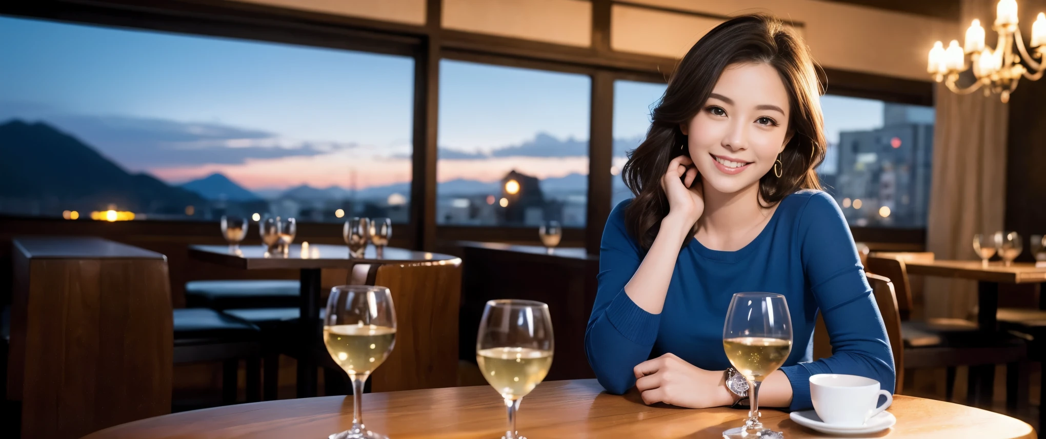 (including 64k, nffsw, highest quality, table top: 1.2), (realistic, photorealistic: 1.37), Spectacular view of the sunset sky and clouds、Amazing mountain views、long sleeve shirt、winter fashion、Columbia、Brazilian、Japanese、Dutch、German、Portuguese、Belgian、Italian、French,Champagne、sparkling wine、 (slimフェイス), (slimボティ), (brown hair), (shortcut), neat beauty、cheeks turn a little red, (42 years old), 40 years old, alone, 窓の外には美しく緻密なnight景が広がります., restaurant, wine glassが座っている, nightに, in a prominent place (from the Upper body) nova frog style, actress, model, Upper body, White wine, slim, wine glass, Super Clean night View, wine glass Put in the Middle, Happy smile, (smile: 1.15), beautiful and detailed eyes, Upper body, bust japan up, night, short, short, actress, model, Upper body, White wine, slim, wine glass, Super Clean night View, wine glass Put in the Middle, Happy smile,