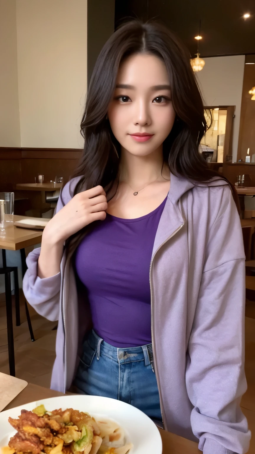 ((top-quality、8k、masterpiece:1.3))、Beautiful woman with perfect body:1.4、slim abdomen:1.2、Longhair, normal breast, Highly detailed facial and skin texture, A detailed eye, delicate eyes, double eyelid, (smile), (full body shot), ((restaurant 1.2)), (sitting on chair), ((wearing purple t-shirt with jacket)), looking in front, (food on the table)