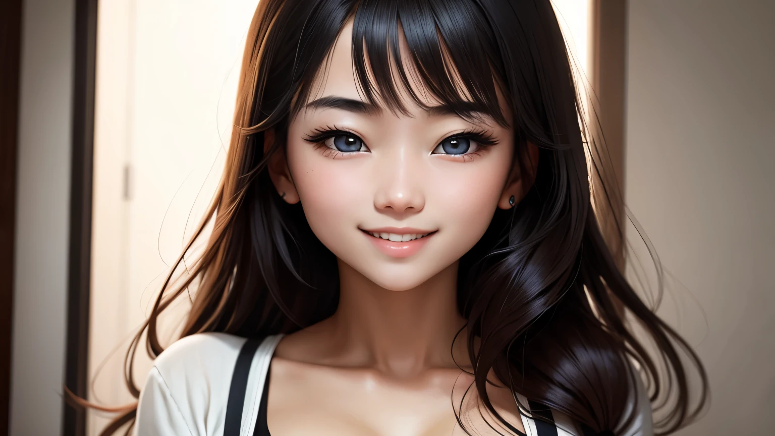 1 girl, alone,monotone,cleavage,portrait,beautiful eyes、smile
