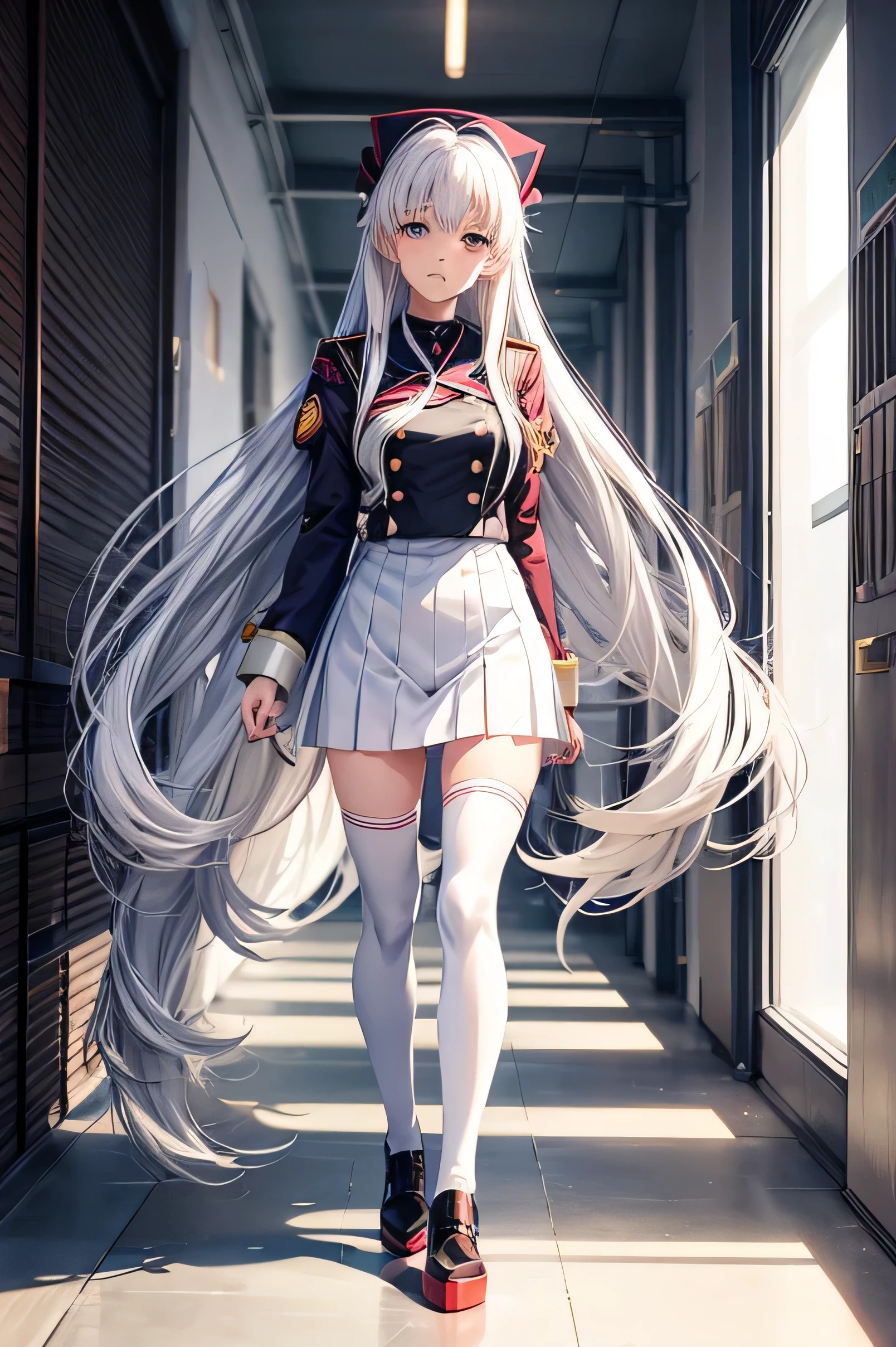 anime girl in uniform standing in a hallway with a long white hair, misato katsuragi, marin kitagawa fanart, jk uniform, perfect white haired girl, white haired, white haired deity, kantai collection style, ecchi anime style, gapmoe yandere, beautiful anime high school girl, anime style like fate/stay night, anime maid ss military