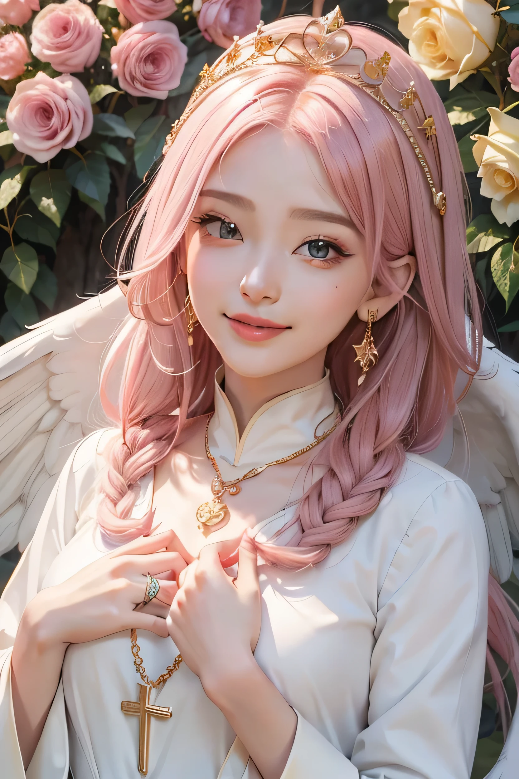 ((highest quality)), ((masterpiece)), (become familiar with), perfect face、20old angel、white big wings、pink hair、Big eyes、long eyelashes、beautiful、cute、gold earrings、gold earrings、gold necklace、I'バラ畑の中のI、dressed like a nun、He is making a heart with his hands in front of his chest..、smile、smile、laughter、looks happy、wearing a ring、Upper body、Wearing a tiara、facing forward