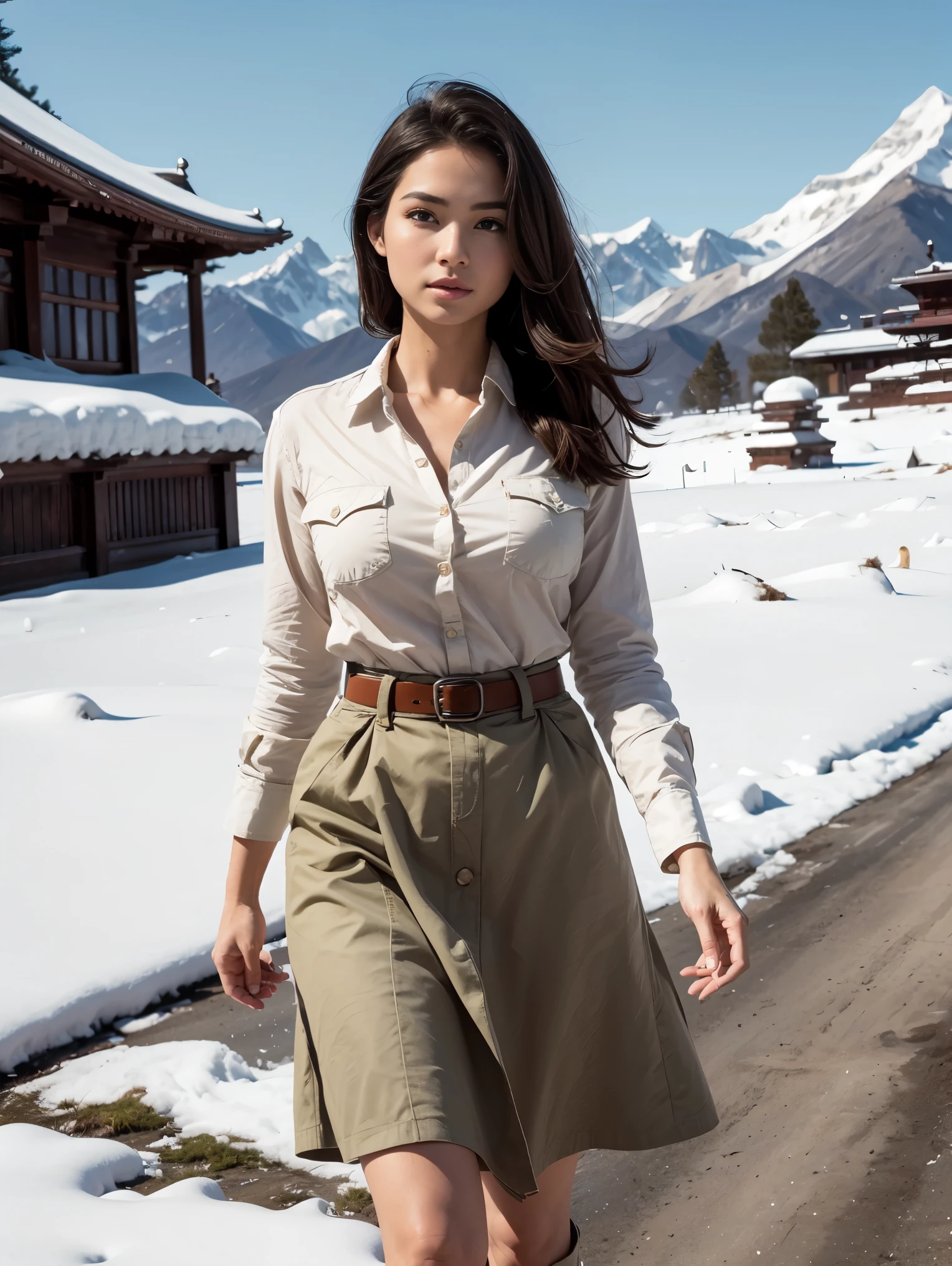 Wide angle. Masterpiece, Uhd, An adventuress from the '40s.cotton sand-colored shirt, Khaki cotton army long skirt, leather belt, army boots. She’s on the field,snowy landscape, in an Himalayan temple. Perfect anatomy, perfect hair, perfect breast, perfect body, perfect hands, perfect face, perfect eyes, accurate, anatomically correct, perfect clear and crisp focus, UHD, masterpiece,
