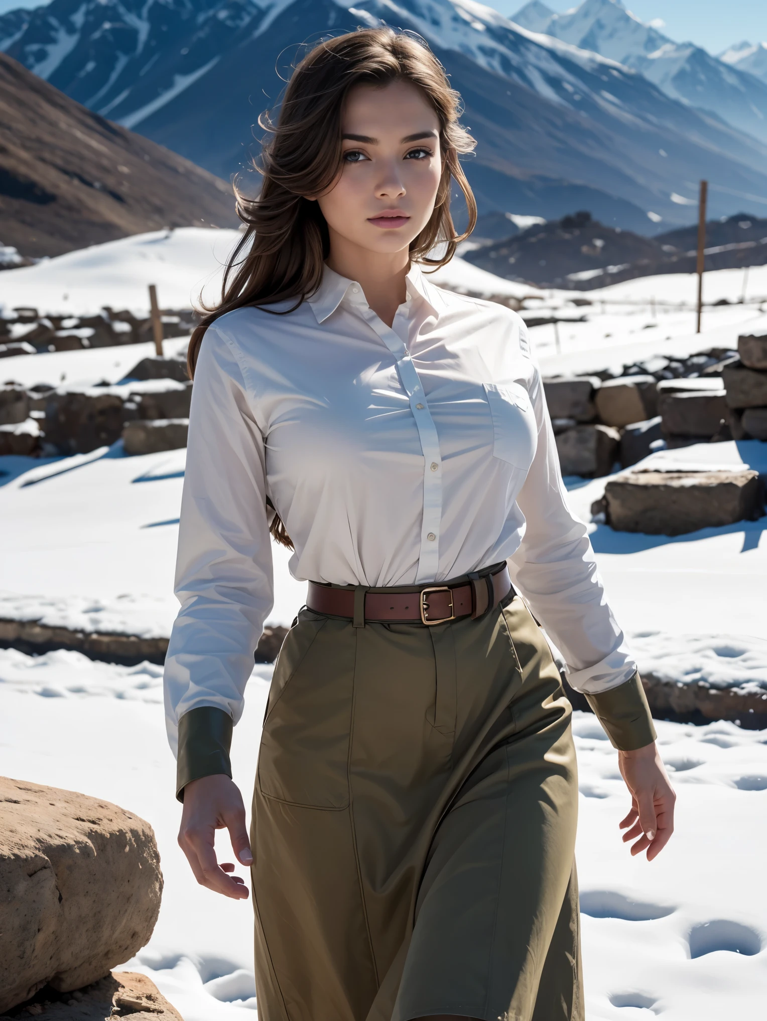 Wide angle. Masterpiece, Uhd, An adventuress from the '40s.cotton sand-colored shirt,  Khaki cotton army long skirt,  leather belt, army boots. She’s on the field,snowy landscape, in an Himalayan temple. Perfect anatomy, perfect hair, perfect breast, perfect body, perfect hands, perfect face, perfect eyes, accurate, anatomically correct, perfect clear and crisp focus, UHD, masterpiece, 
