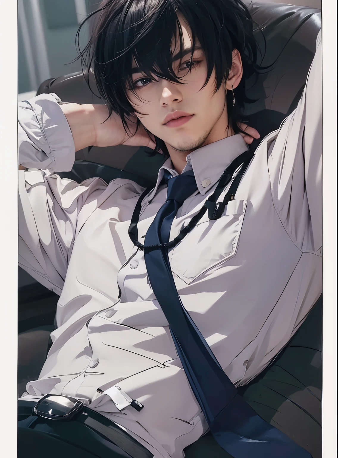 High school boy with black hair sitting in a chair, handsome man, handsome pose, tall guy with dark eyes, male style, realistic style, real life illustration, handsome guy