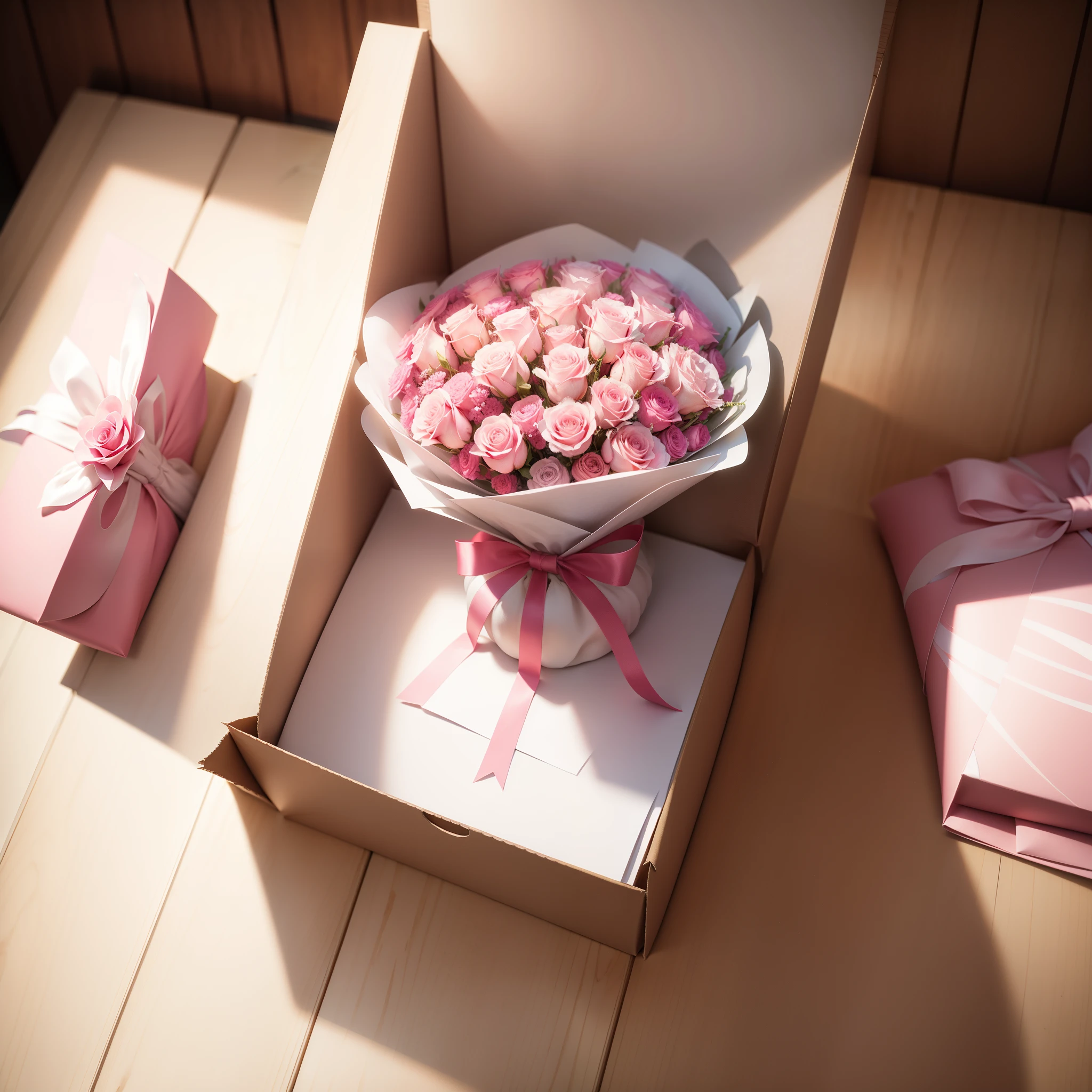 A bouquet of flowers，Real flowers，pink roses，white rose flower，Packed with paper，包装成A bouquet of flowers，ribbon，Ultra-realistic graphics