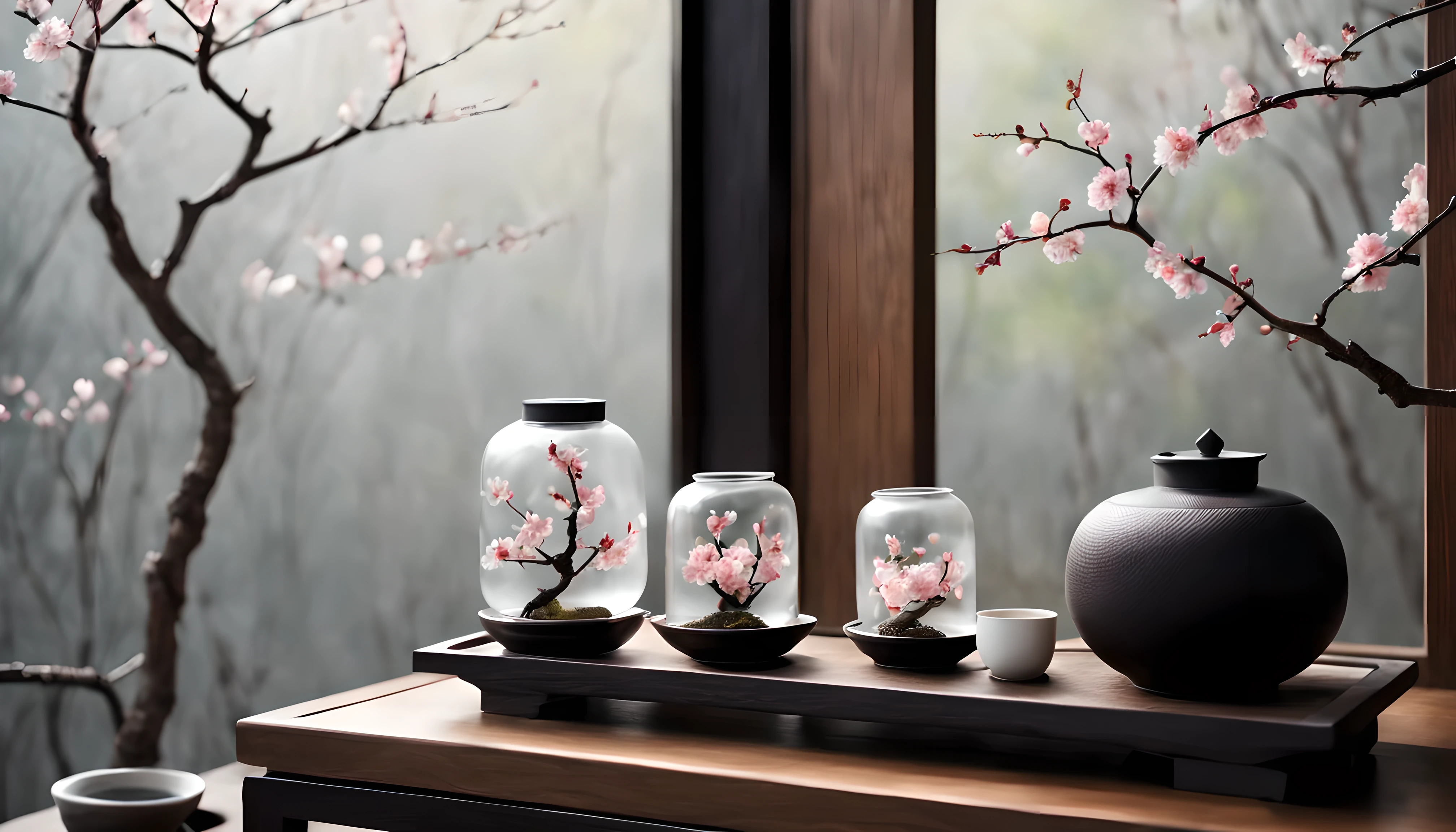 Personalized showcase in modern Chinese zen style.Display window seen from the outside. White texture lantern no picture..Zen plum blossom branches are placed in the corner..There are dead branches on the long wooden bench.tea set.(Closeup tea).(Chinese elegant and compact black pottery tea set)Zen elements.Elegant and high-end effect，Make it look textured. design.super high quality, super detailed.zen style（super quality，super detailed，Super complex，extremely complex）soft, Light and shadow are natural and obvious.Reverse fragrance.unmanned.super wide angle, (Detailed texture),Background covered with film grain, natural soft light,(night view.warm light)Elegant little plant ray tracing, super wide angle, film grain, ultra high definition, high detail, best quality