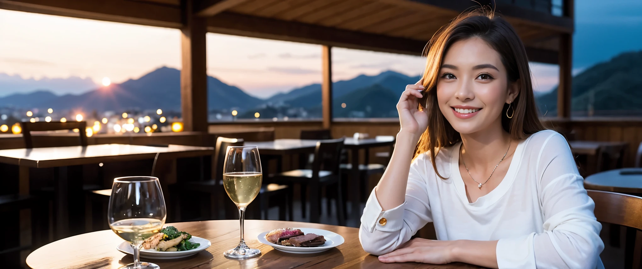 ((highest quality、8k、masterpiece:1.3))、Sharp focus:1.2、Beautiful woman perfect body:1.4、Slim body、((Bob Hale、Straight hair:1.2))、(to be born, highest quality, masterpiece:1.5), (Realistic, Intricate details:1.2), Ultra-high resolution, shine a light on your face、Spectacular view of the sunset sky and clouds、Amazing mountain views、A bright smile、wine glass、red wine 、Appetizer、Italian food、Wine bottle、Champagne、sparkling wine、, Beautiful Face, blue eyes, The light shines on your face, Blushing, short hair,Bright Face、Fox face、 (42 years old), 45 years old, Lady、Two beauties、Brown Hair、Shortcuts、Long sleeve shirt、dress、Pretty Woman 1, (Slim face), (The body is slim), (Brown Hair), (Shortcuts), cheeks turn a little red,Attractive beauty、, Out of the window, A beautiful and detailed night view unfolds.........., restaurant, In a prominent place (From the waist up) Nova Frog Style, actress, model, Upper Body, White wine, slim, wine glass, A wine glass placed in the middle, smile, (smile: 1.15), Beautiful fine grain, Depth f/2,saturation, High Contrast, Strong light and shadow,Moist Body:1.5、3D texture、Delicate eyes、Brown Hair、The hair is very shiny、