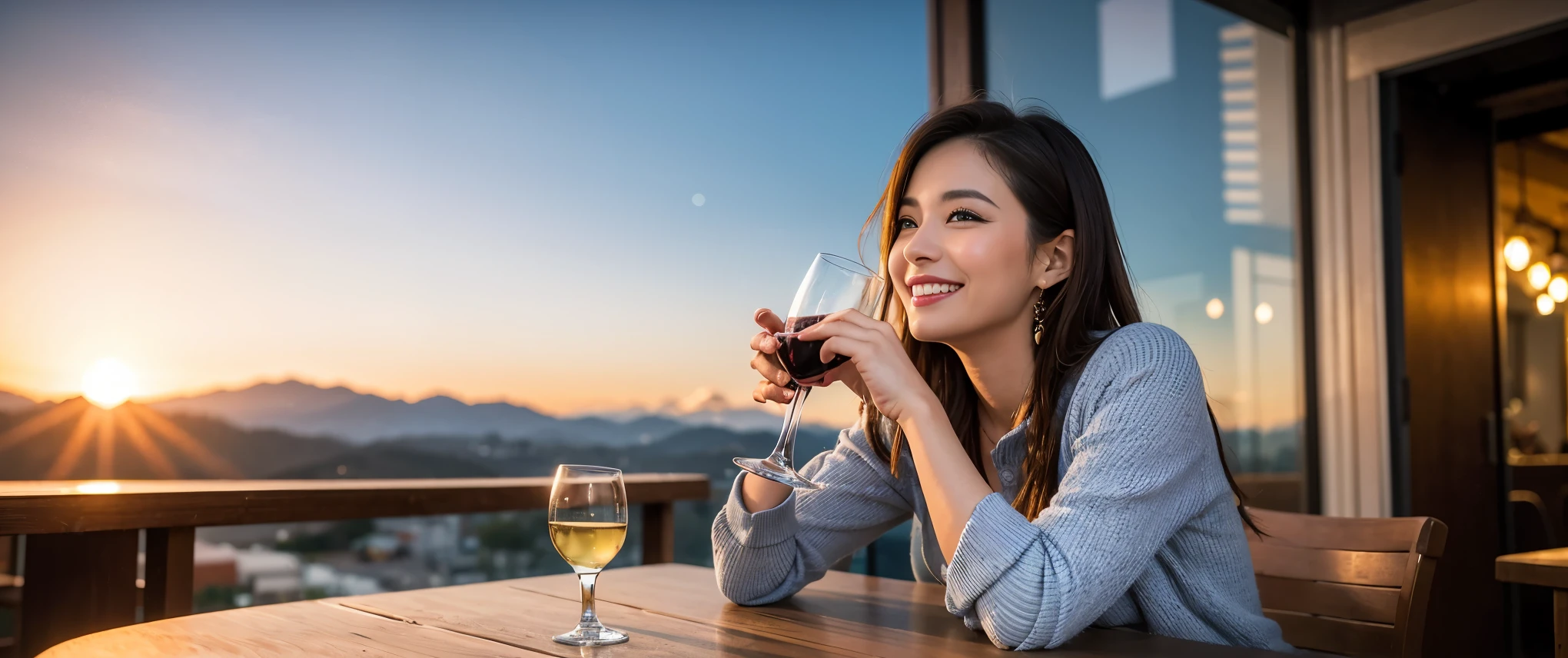 (including 64k, nffsw, highest quality, table top: 1.2), (realistic, photorealistic: 1.37), Spectacular view of the sunset sky and clouds、Amazing mountain views、long sleeve shirt、winter fashion、Columbia、Brazilian、Japanese、Dutch、German、Portuguese、Belgian、Italian、French,Champagne、sparkling wine、 (slimフェイス), (slimボティ), (brown hair), (shortcut), neat beauty、cheeks turn a little red, (42 years old), 40 years old, alone, 窓の外には美しく緻密なnight景が広がります., restaurant, wine glassが座っている, nightに, in a prominent place (from the Upper body) nova frog style, actress, model, Upper body, White wine, slim, wine glass, Super Clean night View, wine glass Put in the Middle, Happy smile, (smile: 1.15), beautiful and detailed eyes, Upper body, bust japan up, night, short, short, actress, model, Upper body, White wine, slim, wine glass, Super Clean night View, wine glass Put in the Middle, Happy smile,