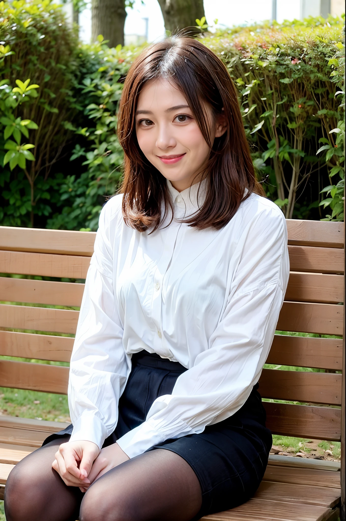 ulzzang-6500-v1.1, (highest quality: 1.3), (masterpiece: 1.3), (super detailed: 1.3), (genuine:1.4), (muste piece), sunshine、quiet park bench、spring senior fashion、Wearing ultra-realistic pantyhose、amazingly beautiful woman、gentle smile、Premonition of romantic love、Uplifting、are having fun、full of joy、lots of fun、
