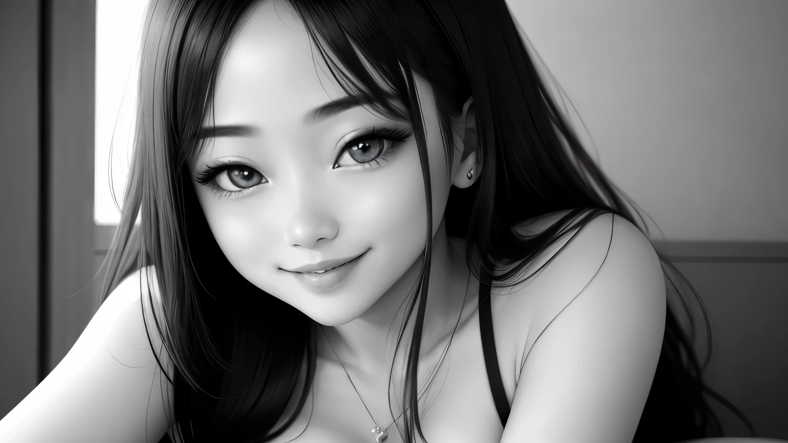 1 girl, alone,monotone,cleavage,portrait,beautiful eyes、smile