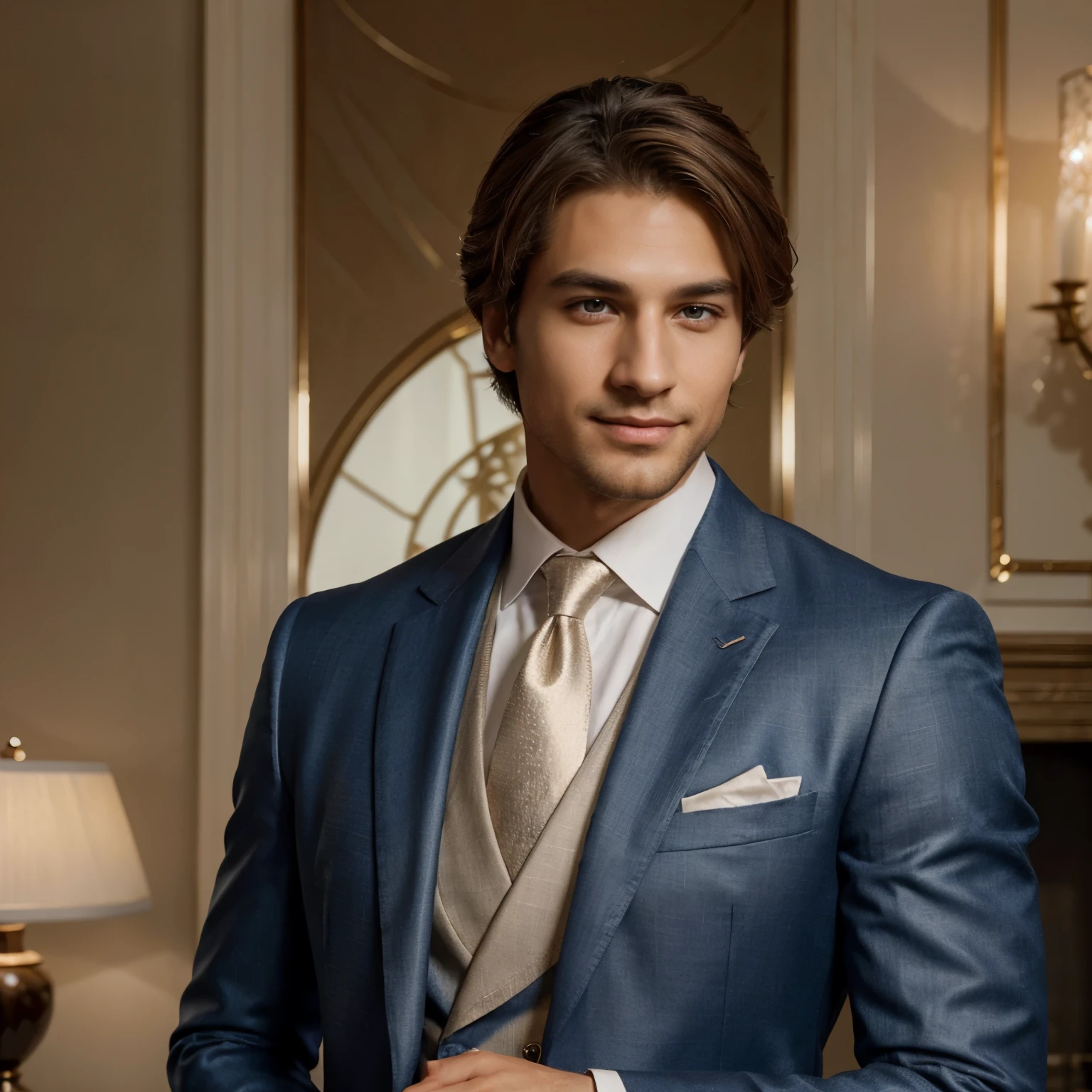 (highres,best quality:1.2), (realistic), (HDR), (studio lighting), (extreme detail description)
An elegant man with a wonderful smile, long hair, a medium beard, and brown eyes tending to blue. He has a fair complexion, with white skin that emits a radiant glow. His hair is brown, cascading down to his shoulders, and gradually turning into a soft blonde shade at the tips.
The man's eyes are deep and expressive, captivating anyone who meets his gaze. They showcase a stunning blend of brown and blue hues, shimmering with warmth and depth. His eyebrows are well-groomed, adding to the sophistication of his appearance.
With his enchanting smile, the man exudes confidence and charm. His lips are full and exquisitely shaped, enhancing his overall magnetic appeal. They possess a rosy tint, enlivening his face and hinting at a playful and approachable nature.
Dressed in elegant and luxurious attire, this man truly stands out from the crowd. He adorns a tailored suit made from the finest fabrics, perfectly accentuating his slender and confident figure. The suit boasts a harmonious blend of white and cream tones, highlighting the man's impeccable taste. Intricate patterns and delicate embroidery add an extra touch of opulence to his ensemble.
As the light gently caresses his face, the man's features are accentuated, creating captivating shadows and highlights. The studio lighting enhances the realism of the image, ensuring every minute detail is showcased. The high resolution and HDR rendering bring out the rich textures of his attire, from the smooth silk of his shirt to the fine wool of his suit.
This portrait captures the essence of sophistication and refinement. It is a masterpiece that portrays the alluring presence of an elegant man, exuding confidence and timeless charm.