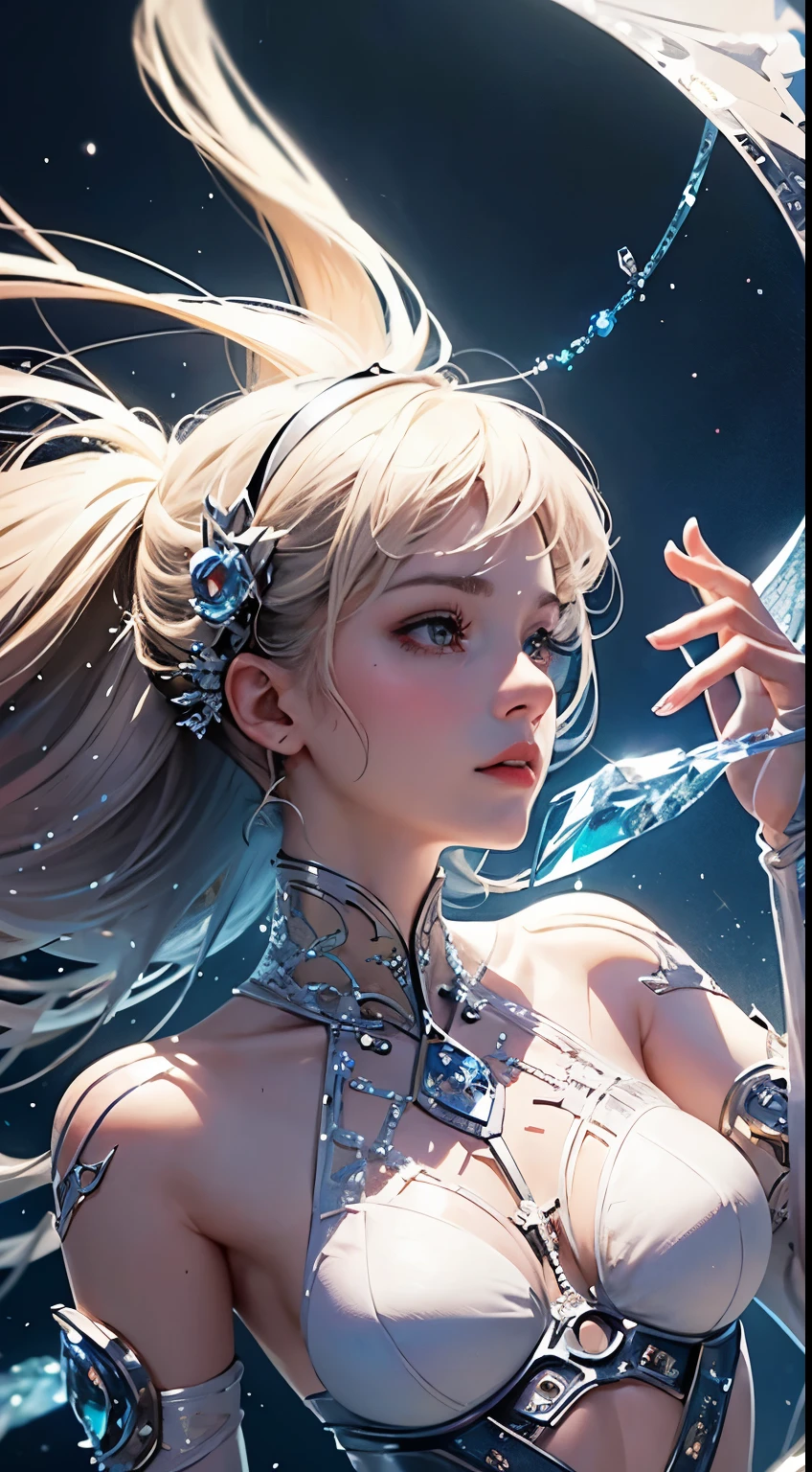 NSFW, crystal cover, upper body, side shot, alternative color, masterpiece, detailed illustration, realistic, pixiv top quality, exquisite, {{{cute 1girl}}}, super beauty merging with machine, elaborate shabby chic pattern, sparkly beautiful woman, half of my body is made of machine, transparent glass body, The machine inside is transparent, cinematic lighting, dynamic angle, Dynamic Pose, Crystal World, Depth of Field