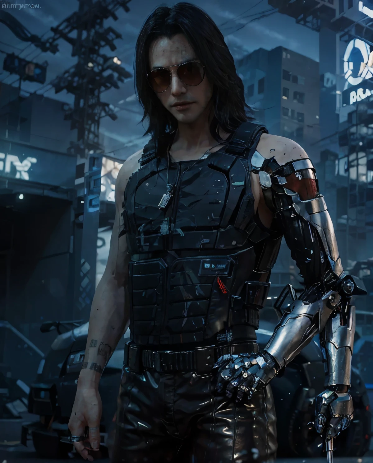 1 person, sunglasses, (Johnny Silver), (best quality, 8k, masterpiece: 1.3), perfect hands, clear focus: 1.2, (long black hair), Permanently installed, dynamic poses, Futuristic city illuminated by neon lights, cyberpunk