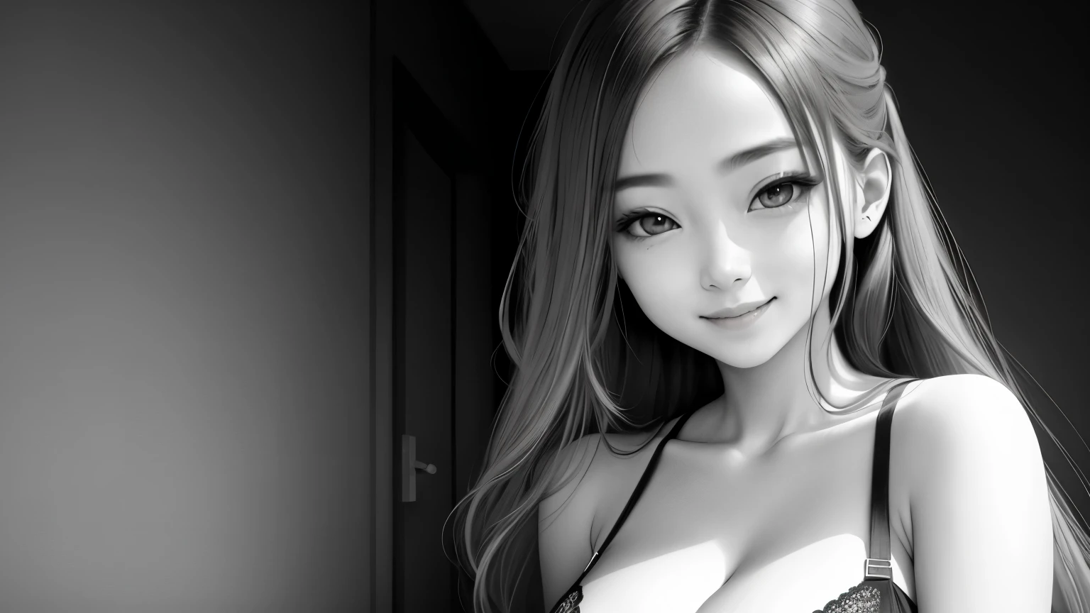 1 girl, alone,monotone,cleavage,portrait,beautiful eyes、smile