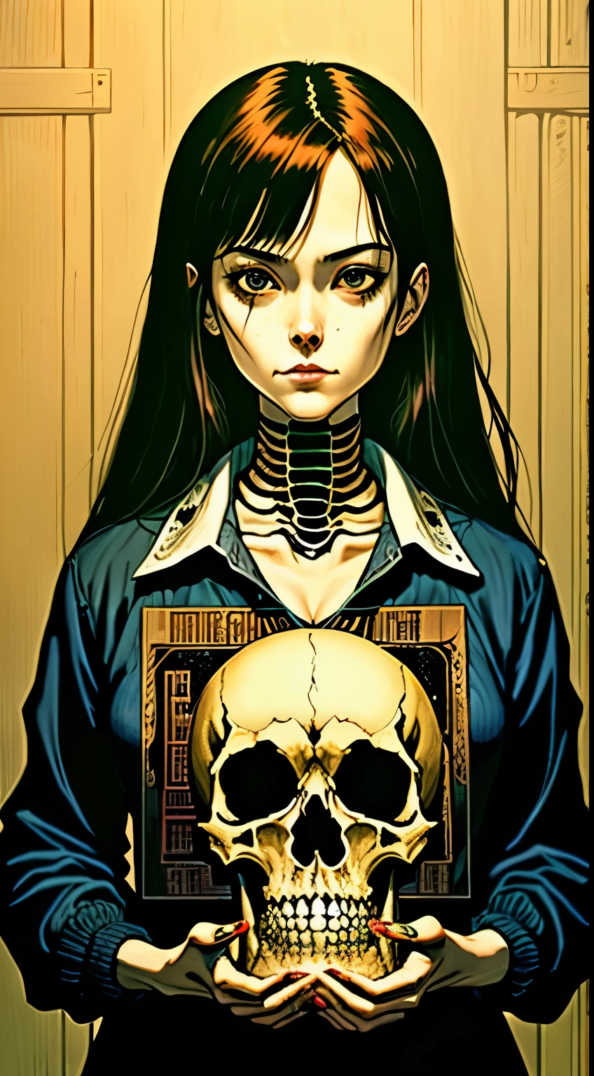 painting of a woman holding a skull in front of a dark wall, holding a skull, by Josan Gonzalez ,junji ito artwork, mark riddick, anime skull portrait woman, scary detailed art in color, skulls in hands, josan gonzales, graphic novel cover art, by Justin Sweet, skeleton girl, subtle junji ito, junji ito and greg rutkowski
