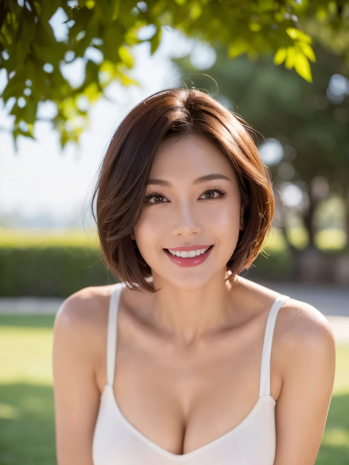 Dark brown hair, Light brown eyes, Japanese women, 40 years old, Intricate details, Upper body photo, (Detailed eyes), (Detailed facial features), Highest quality, Ultra-high resolution, 8k resolution, Written boundary depth, at the park, Medium sized breasts, Cleavage, Wearing a light blouse, (short hair), (View your audience), (Standing in a sexy pose)