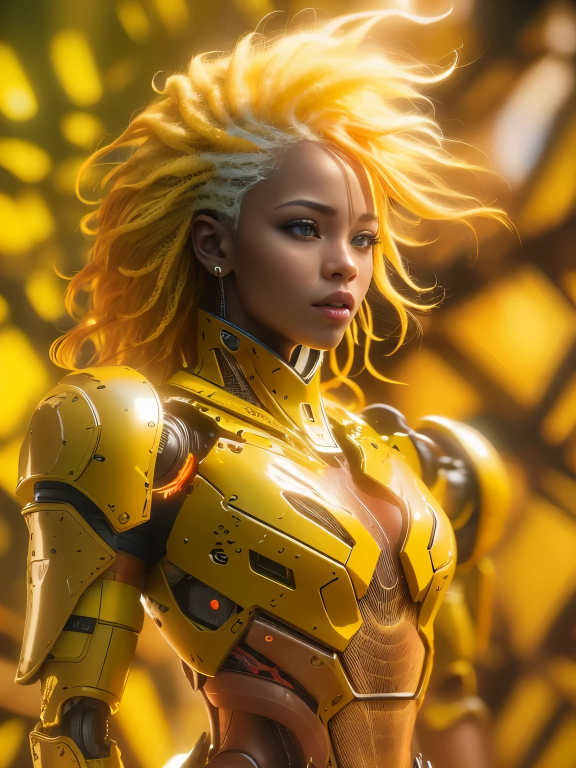 photorealistic of beautiful african female wearing a yellow robotic armour, yellow hair with overflowing yellow aura, dynamic pose, soft volumetric light, (backlit:1.3), (motion picture:1.2), intricate detailed, model photography, white background, studio lighting, dramatic, chromatic aberration.