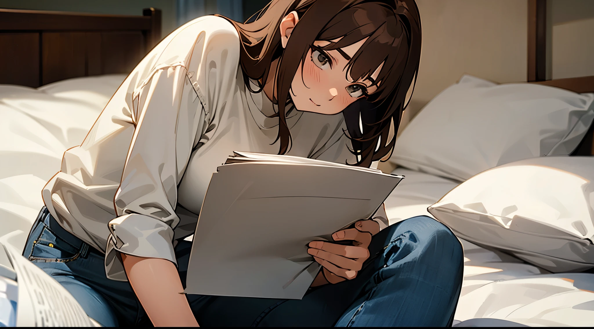 
a woman with brown hair, wearing a white shirt and jeans, anime style, reading a sheet of paper in the bedroom