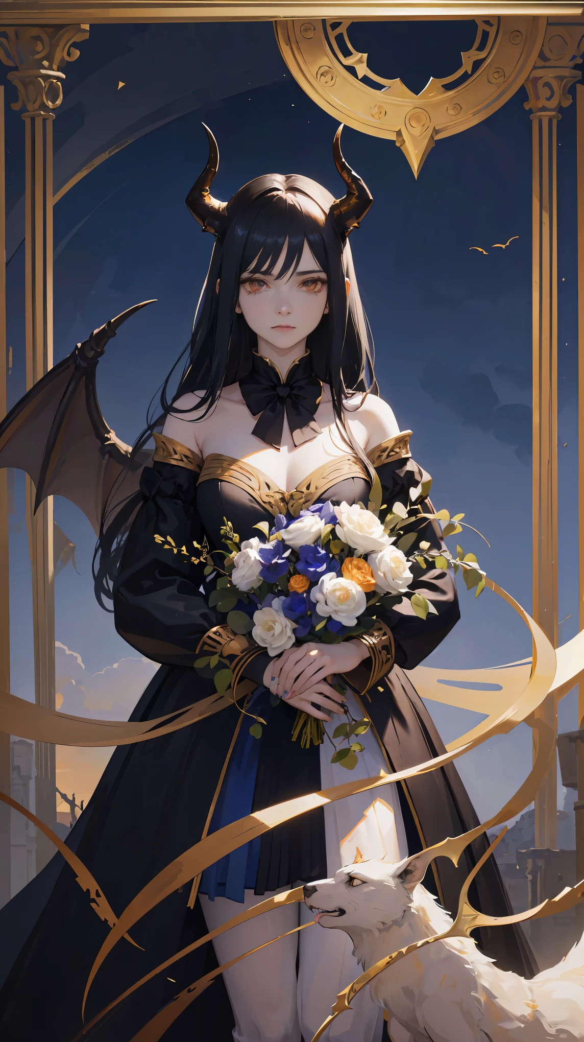 Seven Rhaeyar, Ancient Star goddess, Perfect female anatomy (Adult Female, 166cm in height, pale skin, slim, slender, 34D breast size, Dark Orange Eyes with beautiful details, Long Straight Black Hair, Beauty Mark Mole on right cheek bone, a set of black horns on her head), Neutral facial expression, Elegant white dress with black bow tie, blue coat knee length, dragon motifs, gold and rope accessories, View of the open blue sky with only clouds, receiving light from the front, Ethereal glow