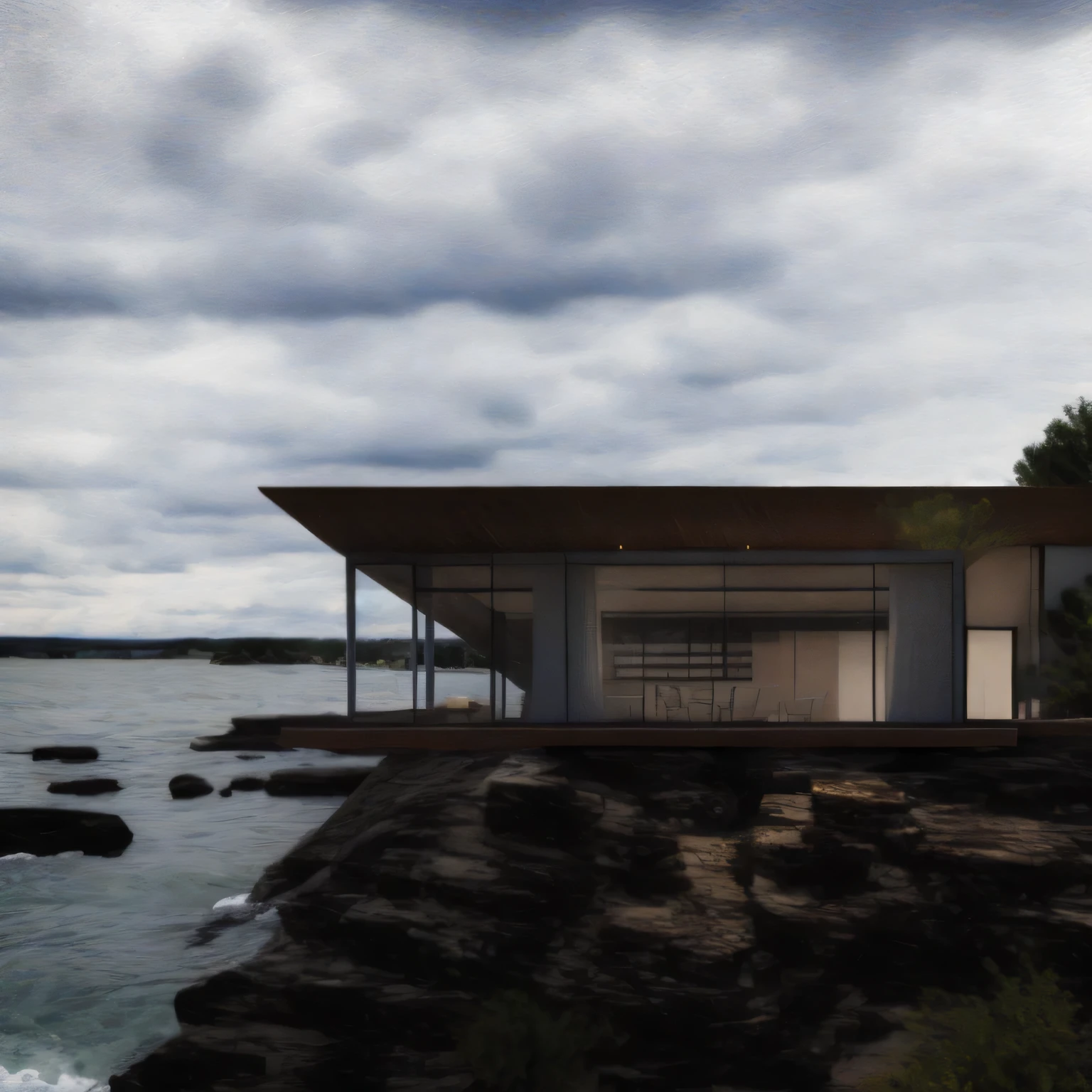 il y a une maison au bord de l'Eau, rendu architectural, rendu d'architecture, visualisation architecturale, rendu photographique, inspired by Tadao Ando, digital rendering, inspired by Peter Zumthor, beside the'reflective ocean, notions architecturales, visualisation architecturale, rendu dramatique, rendu conceptuel, couple rugir Kjernstad, maison conceptuelle, visualisation architecturale, interior with warm lighting