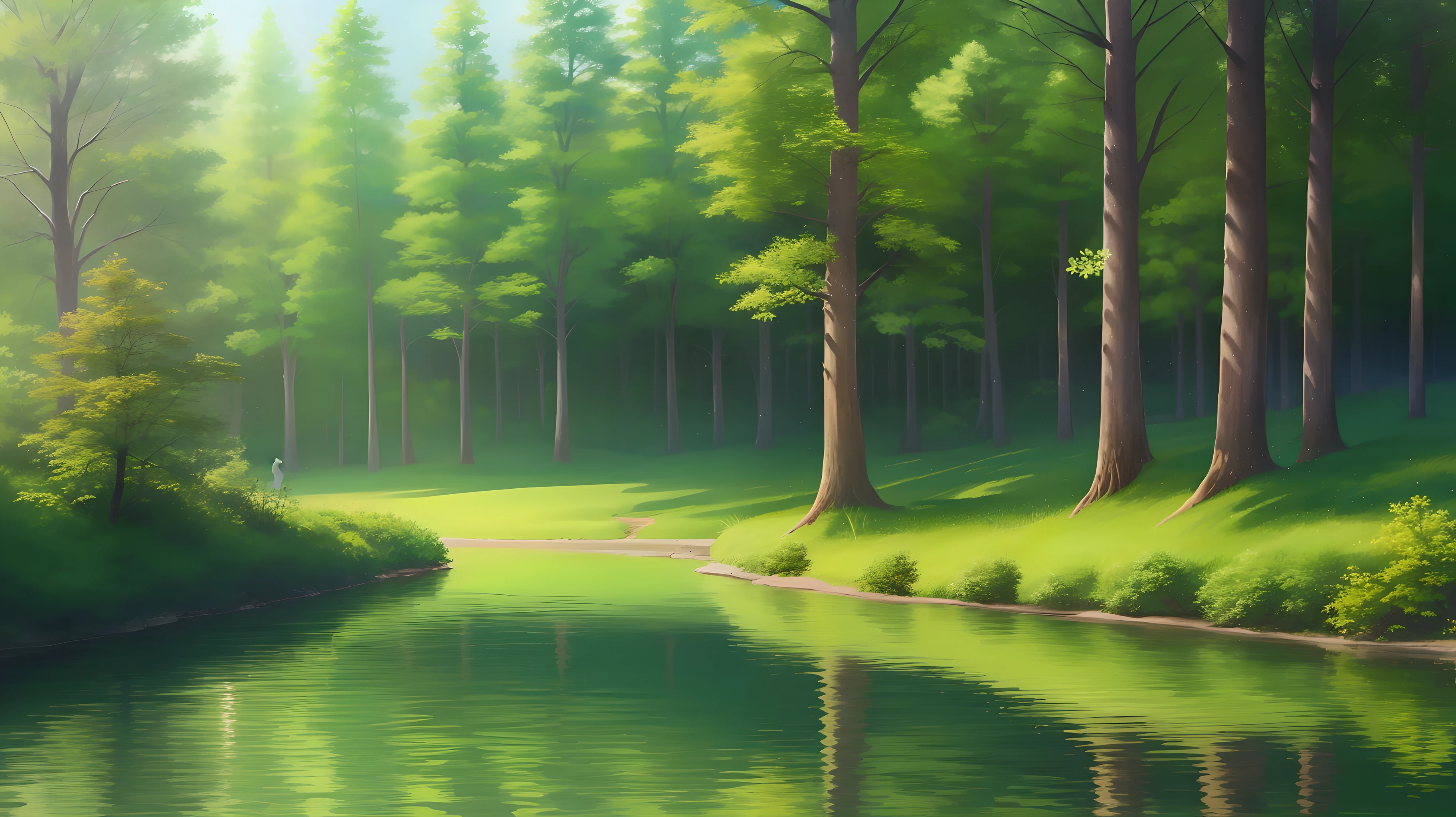 forest, very bright, tree, bush, animal, lake, (((( HD clear )))) (((( high resolution ))))
