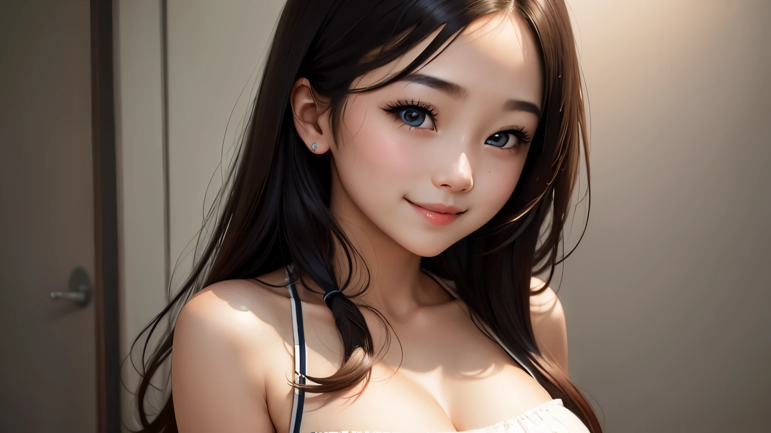 1 girl, alone,monotone,cleavage,portrait,beautiful eyes、smile