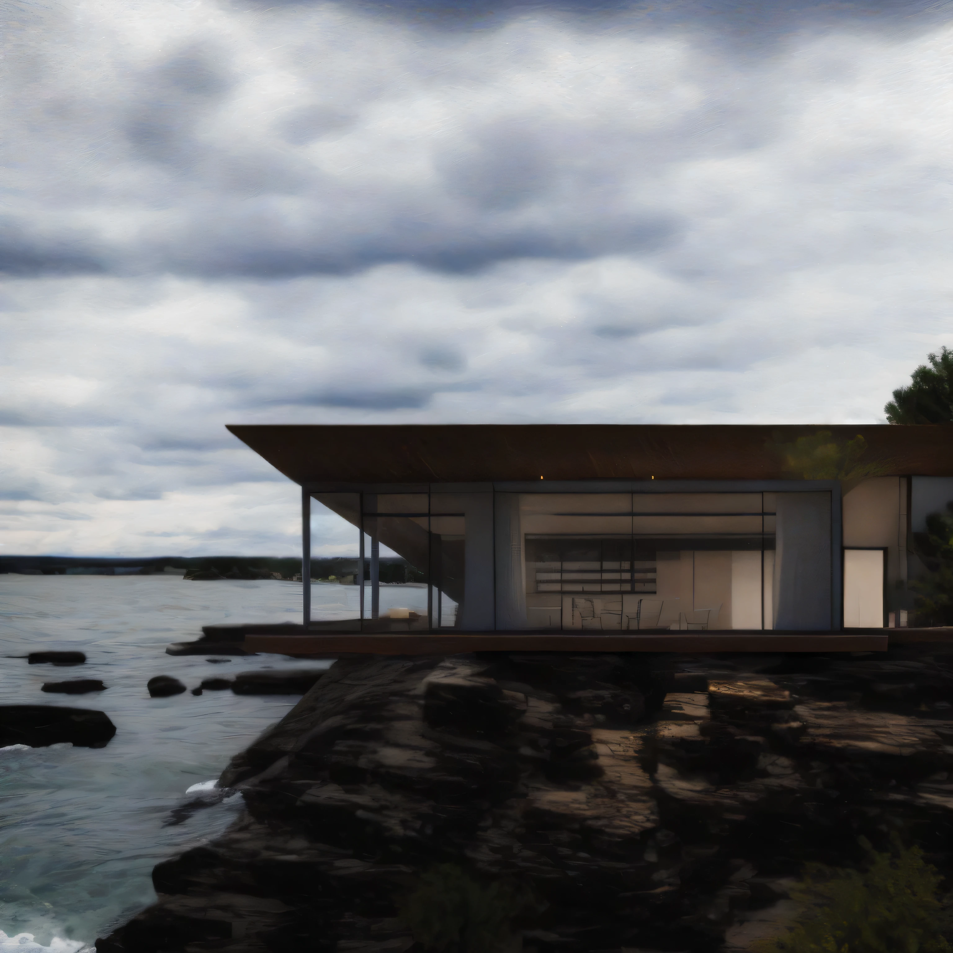 il y a une  maison au bord de l&#39;Eau, rendu architectural, rendu d&#39;architecture, visualisation architecturale, rendu photographique, inspired by Tadao Ando, digital rendering, inspired by Peter Zumthor, beside the&#39;reflective ocean, notions architecturales, visualisation architecturale, rendu dramatique, rendu conceptuel, couple rugit Kjernstad, maison conceptuelle, visualisation architecturale, interior with warm lighting