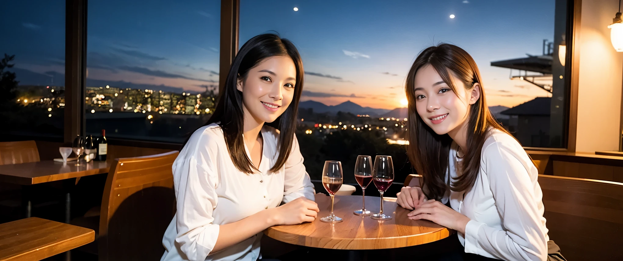 (including 64k, nffsw, highest quality, table top: 1.2), (realistic, photorealistic: 1.37), Spectacular view of the sunset sky and clouds、Amazing mountain views、long sleeve shirt、winter fashion、Columbia、Brazilian、Japanese、Dutch、German、Portuguese、Belgian、Italian、French,Champagne、sparkling wine、 (slimフェイス), (slimボティ), (brown hair), (shortcut), neat beauty、cheeks turn a little red, (42 years old), 40 years old, alone, 窓の外には美しく緻密なnight景が広がります., restaurant, wine glassが座っている, nightに, in a prominent place (from the Upper body) nova frog style, actress, model, Upper body, White wine, slim, wine glass, Super Clean night View, wine glass Put in the Middle, Happy smile, (smile: 1.15), beautiful and detailed eyes, Upper body, bust japan up, night, short, short, actress, model, Upper body, White wine, slim, wine glass, Super Clean night View, wine glass Put in the Middle, Happy smile,