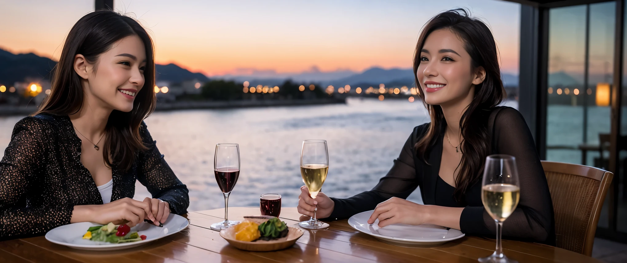 (including 64k, nffsw, highest quality, table top: 1.2), (realistic, photorealistic: 1.37), Spectacular view of the sunset sky and clouds、Amazing mountain views、long sleeve shirt、winter fashion、Columbia、Brazilian、Japanese、Dutch、German、Portuguese、Belgian、Italian、French,Champagne、sparkling wine、 (slimフェイス), (slimボティ), (brown hair), (shortcut), neat beauty、cheeks turn a little red, (42 years old), 40 years old, alone, 窓の外には美しく緻密なnight景が広がります., restaurant, wine glassが座っている, nightに, in a prominent place (from the Upper body) nova frog style, actress, model, Upper body, White wine, slim, wine glass, Super Clean night View, wine glass Put in the Middle, Happy smile, (smile: 1.15), beautiful and detailed eyes, Upper body, bust japan up, night, short, short, actress, model, Upper body, White wine, slim, wine glass, Super Clean night View, wine glass Put in the Middle, Happy smile,