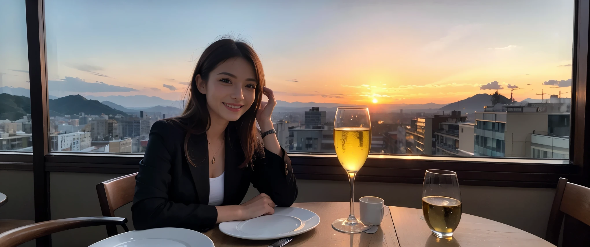 (including 64k, nffsw, highest quality, table top: 1.2), (realistic, photorealistic: 1.37), Spectacular view of the sunset sky and clouds、Amazing mountain views、long sleeve shirt、winter fashion、Columbia、Brazilian、Japanese、Dutch、German、Portuguese、Belgian、Italian、French,Champagne、sparkling wine、 (slimフェイス), (slimボティ), (brown hair), (shortcut), neat beauty、cheeks turn a little red, (42 years old), 40 years old, alone, 窓の外には美しく緻密なnight景が広がります., restaurant, wine glassが座っている, nightに, in a prominent place (from the Upper body) nova frog style, actress, model, Upper body, White wine, slim, wine glass, Super Clean night View, wine glass Put in the Middle, Happy smile, (smile: 1.15), beautiful and detailed eyes, Upper body, bust japan up, night, short, short, actress, model, Upper body, White wine, slim, wine glass, Super Clean night View, wine glass Put in the Middle, Happy smile,