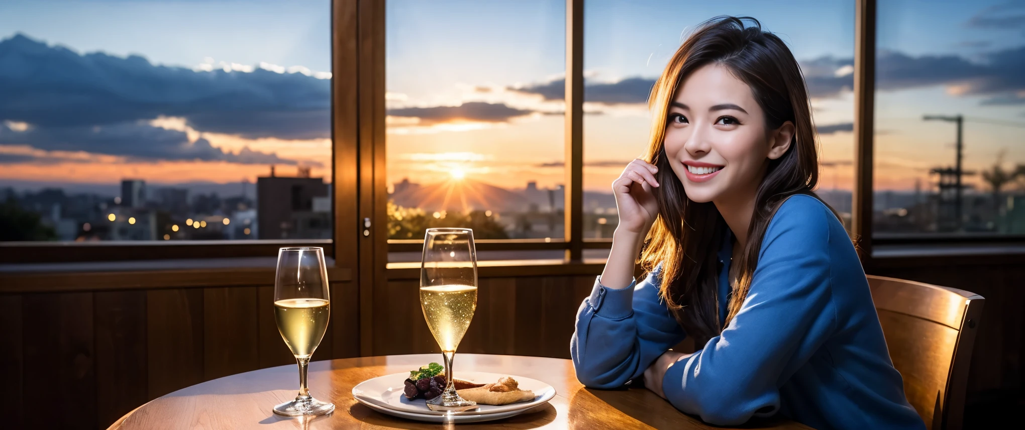 (including 64k, nffsw, highest quality, table top: 1.2), (realistic, photorealistic: 1.37), Spectacular view of the sunset sky and clouds、Amazing mountain views、long sleeve shirt、winter fashion、Columbia、Brazilian、Japanese、Dutch、German、Portuguese、Belgian、Italian、French,Champagne、sparkling wine、 (slimフェイス), (slimボティ), (brown hair), (shortcut), neat beauty、cheeks turn a little red, (42 years old), 40 years old, alone, 窓の外には美しく緻密なnight景が広がります., restaurant, wine glassが座っている, nightに, in a prominent place (from the Upper body) nova frog style, actress, model, Upper body, White wine, slim, wine glass, Super Clean night View, wine glass Put in the Middle, Happy smile, (smile: 1.15), beautiful and detailed eyes, Upper body, bust japan up, night, short, short, actress, model, Upper body, White wine, slim, wine glass, Super Clean night View, wine glass Put in the Middle, Happy smile,