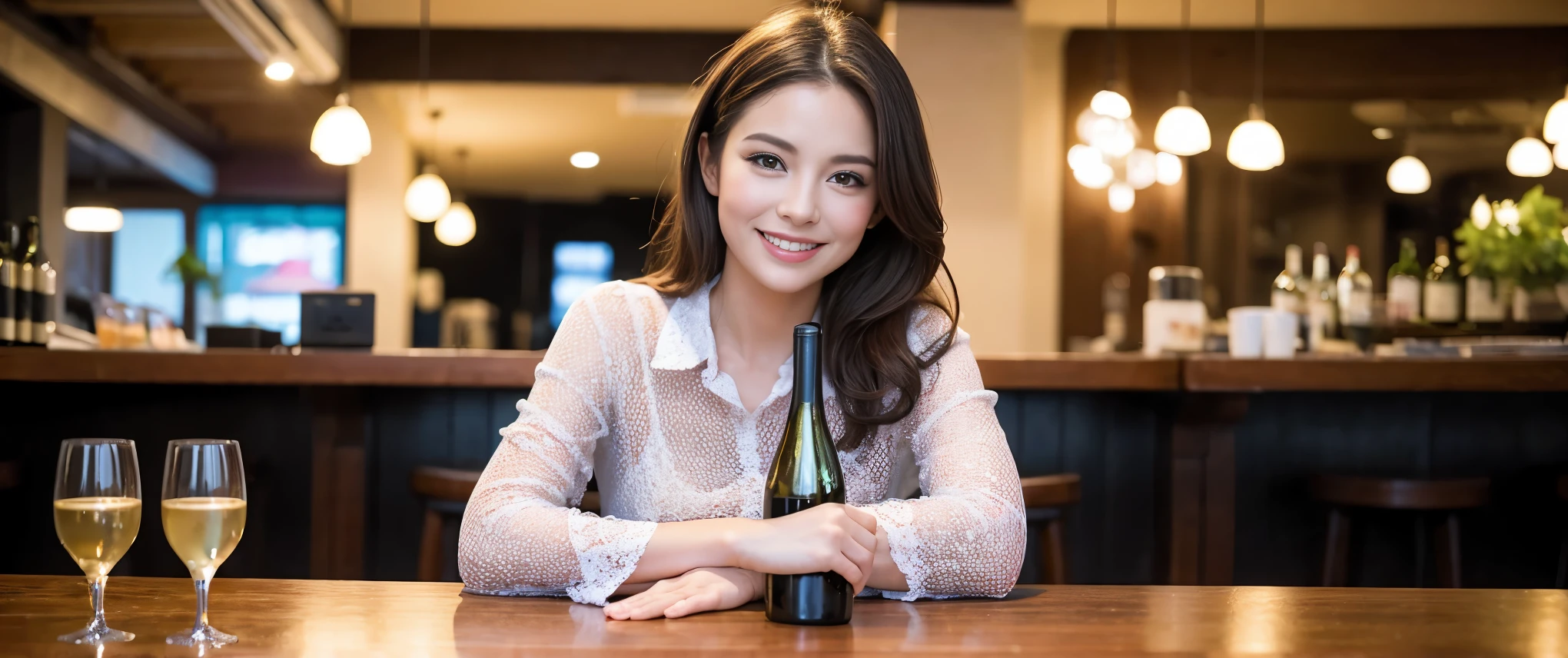 Araffe woman sitting at a table with a bottle of wine - SeaArt AI