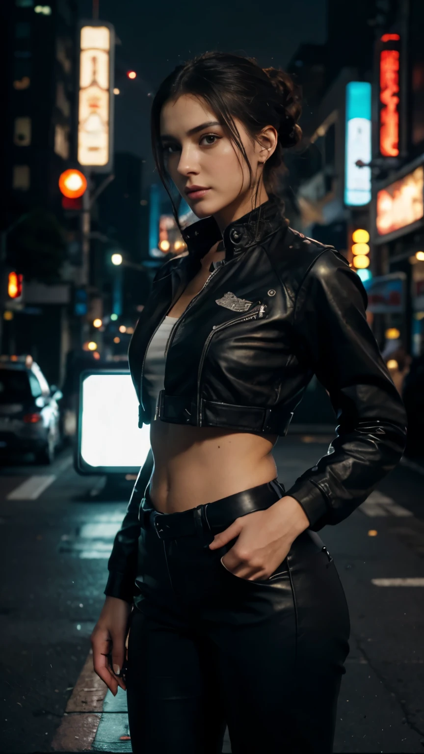 unreal engine:1.4,Ultra-realistic computer graphics in 64K resolution., Photorealistic:1.4, skin texture:1.4, Masterpiece:1.4, use Valentina Petibrat's face from social networks, cyberpunk style,Beautiful woman in a leather jacket, a white blouse,Black baseball cap,Long dark hair, collected in a bun、cyberpunk long leather pants ,,