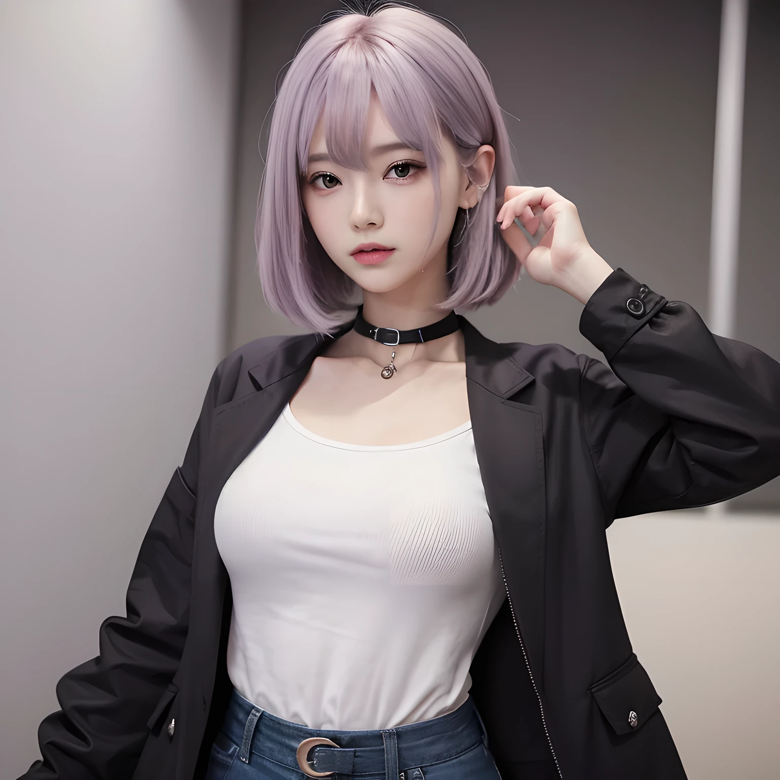 Rinka light purple hair black T-shirt black coat cute high resolution top quality masterpiece