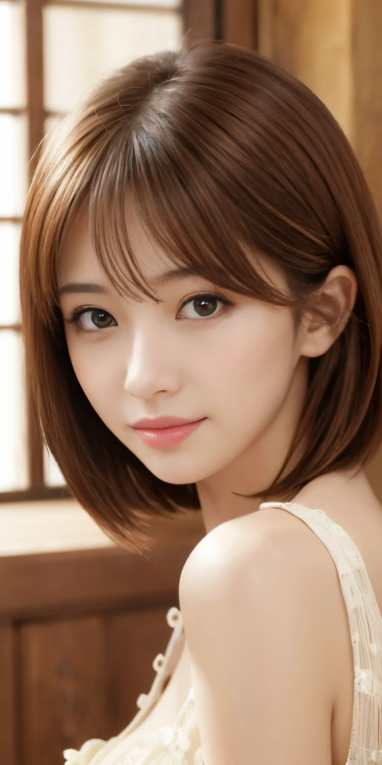 masterpiece、highest quality、High resolution、table top、wallpaper、realistic、bright lighting、professional lighting、face light、smooth lighting、japanese woman、adult、Beautiful woman、action、gravure、sexy、poor、super beautiful、beautiful skin、beautiful and detailed eyes、detailed face、slim、moderately、short hair、brunette colored hair、brown eyes、look at the camera、i have lemon