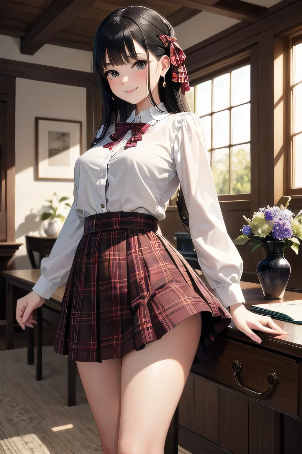 very cute and beautiful girl,(very detailed美しい顔),(smile),blush,cowboy shot,
(white blouse with small frills),Long sleeve BREAK standing,skirt lift,white panties,
hair ribbon,black hair,(scarlet plaid miniskirt)
BREAK antique living room,flowers in vase,Wooden Desk,(bookshelf:0.9),Jewelry box,european carpet,distant tree々,
(highest quality,masterpiece:1.2),disorganized,High resolution,super detailed,very detailed,32K,8K resolution,
intricate details,movie-like scene,detailed background,alone,dynamic angle,