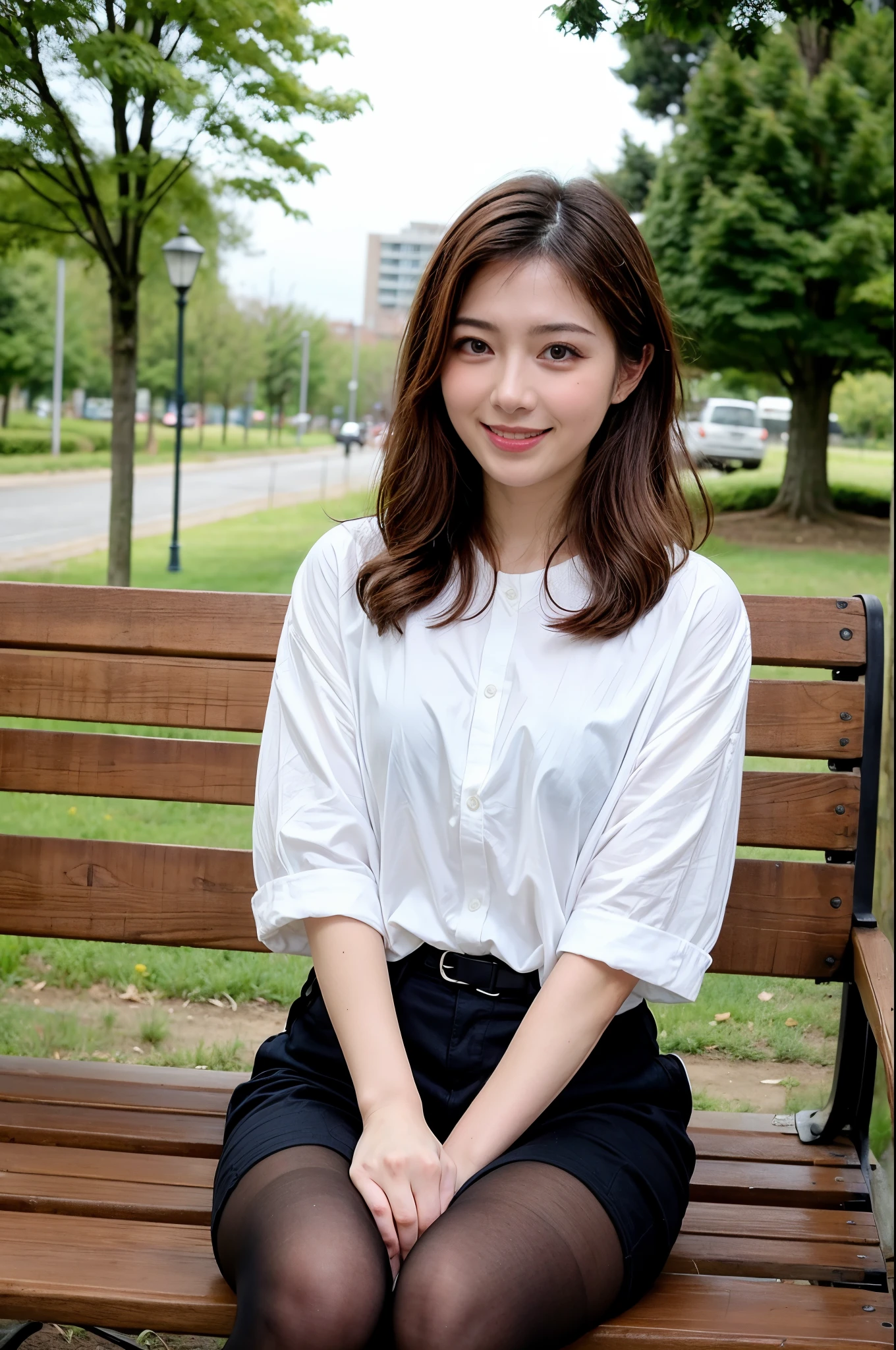ulzzang-6500-v1.1, (highest quality: 1.3), (masterpiece: 1.3), (super detailed: 1.3), (genuine:1.4), (muste piece), 1woman、sunshine、quiet park bench、spring fashion、Wearing ultra-realistic pantyhose、amazingly beautiful woman、gentle smile、Premonition of romantic love、Uplifting、are having fun、full of joy、lots of fun、