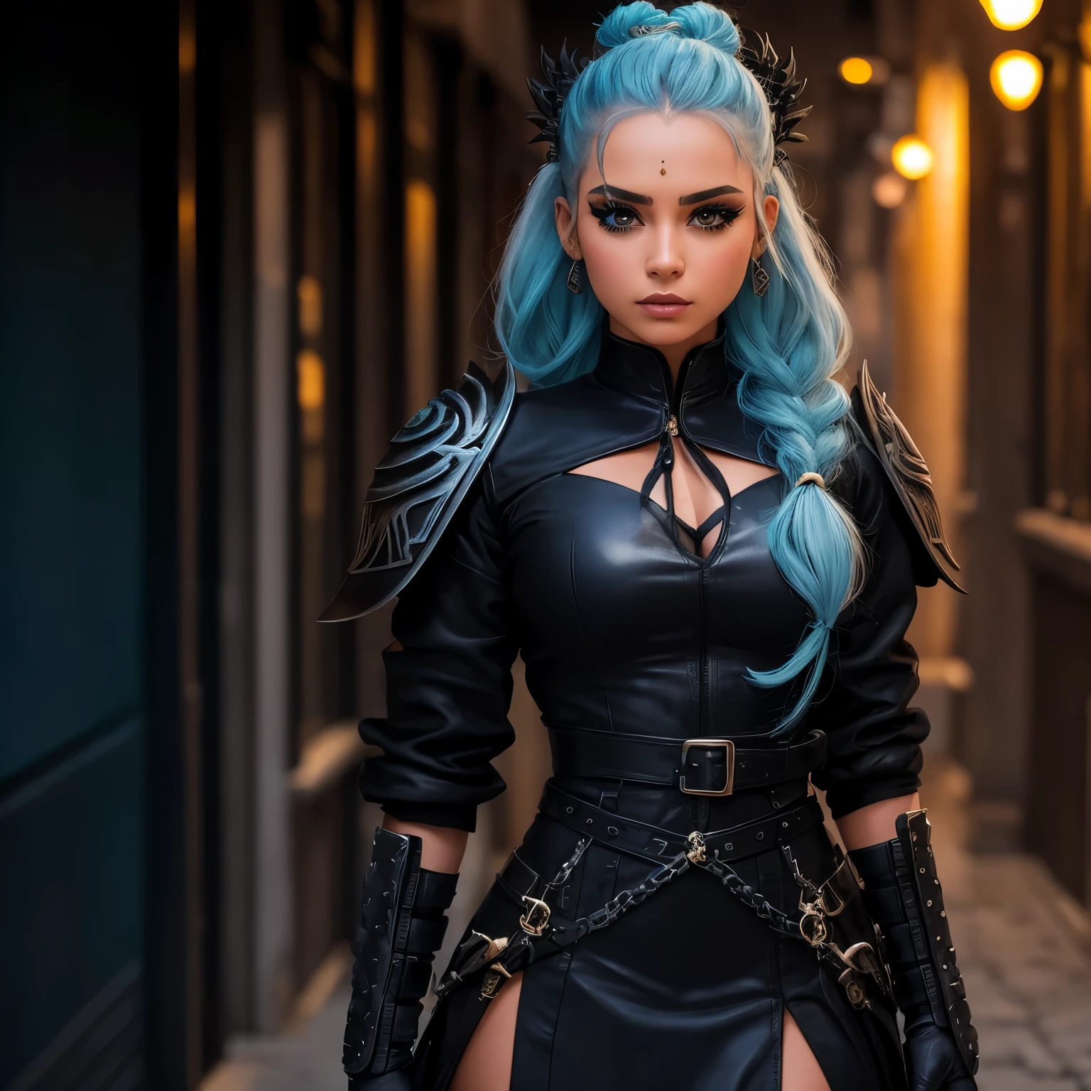 Chica de pelo blanco en una trenza ojos grises azul , vestida con un traje de combate negro y dos dagas a los costados con botas negras