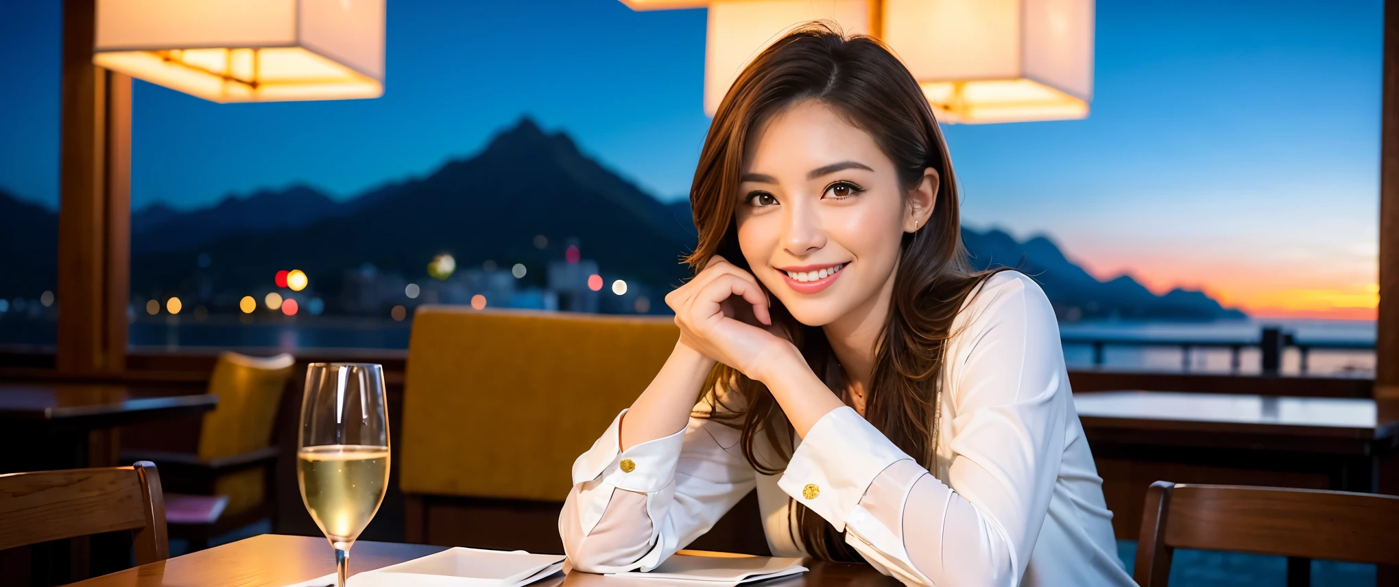 (including 64k, nffsw, highest quality, table top: 1.2), (realistic, photorealistic: 1.37), Spectacular view of the sunset sky and clouds、Amazing mountain views、long sleeve shirt、winter fashion、Columbia、Brazilian、Japanese、Dutch、German、Portuguese、Belgian、Italian、French,Champagne、sparkling wine、 (slimフェイス), (slimボティ), (brown hair), (shortcut), neat beauty、cheeks turn a little red, (42 years old), 40 years old, alone, 窓の外には美しく緻密なnight景が広がります., restaurant, wine glassが座っている, nightに, in a prominent place (from the Upper body) nova frog style, actress, model, Upper body, White wine, slim, wine glass, Super Clean night View, wine glass Put in the Middle, Happy smile, (smile: 1.15), beautiful and detailed eyes, Upper body, bust japan up, night, short, short, actress, model, Upper body, White wine, slim, wine glass, Super Clean night View, wine glass Put in the Middle, Happy smile,